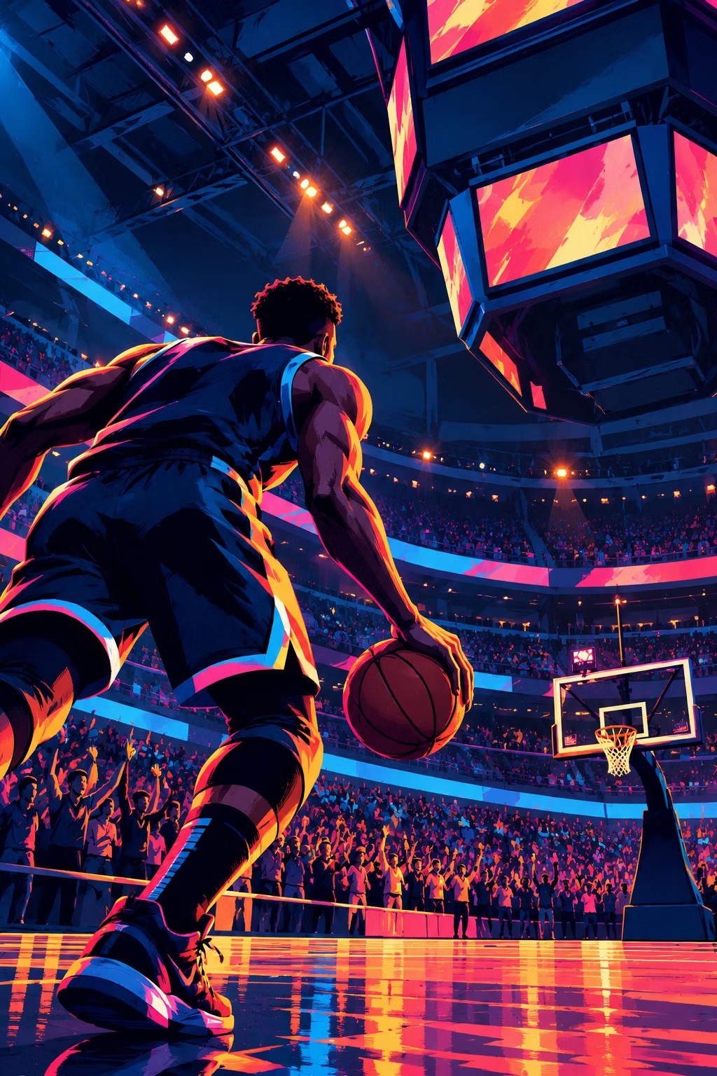 Illustration aux couleurs néon d’un basketteur dribblant dans une salle comble sous l’écran géant, visuel du programme du dirigeable Goodyear pour le match du Heat