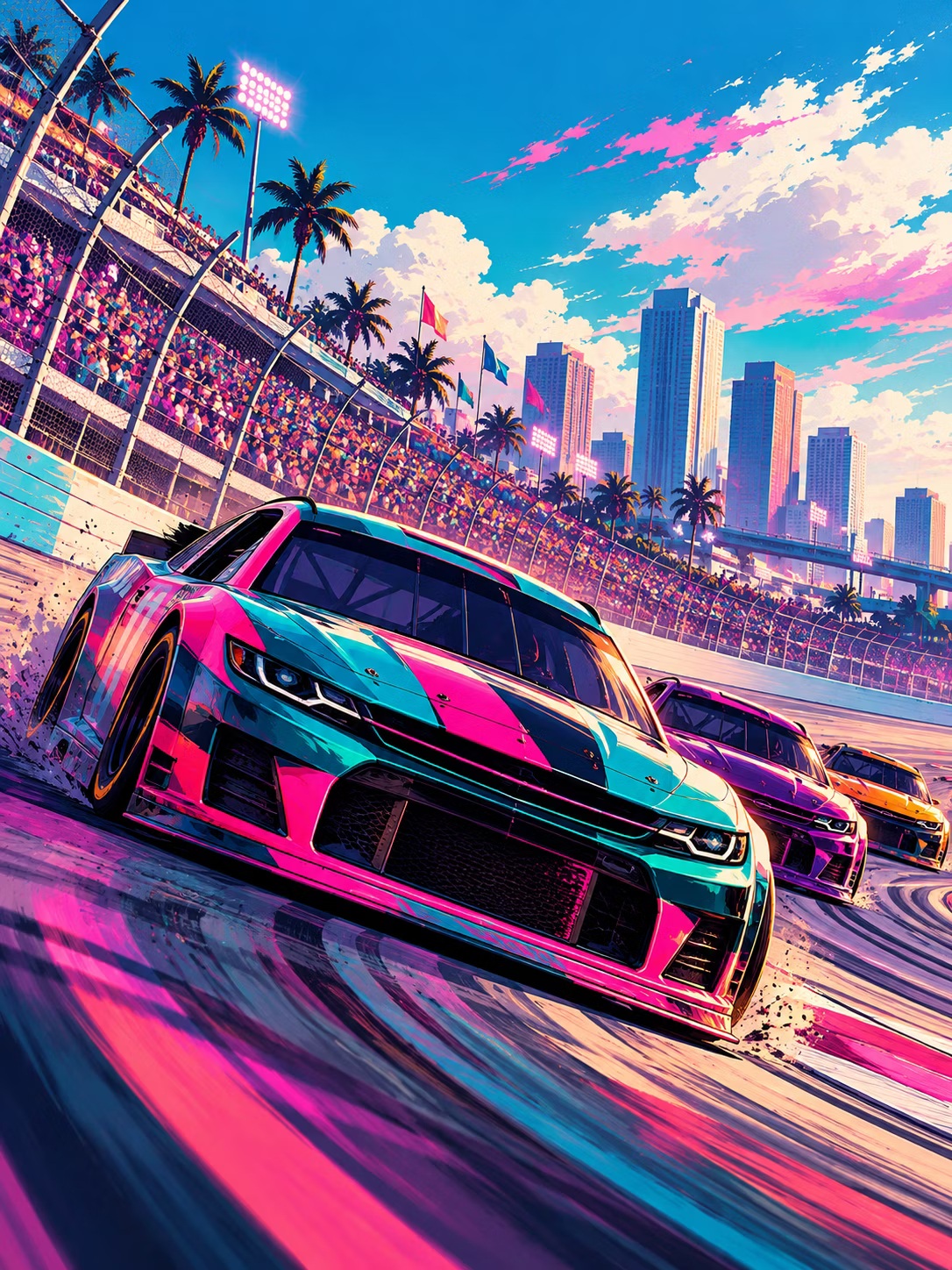 Illustration aux couleurs néon de Vice City montrant des voitures de NASCAR roses et turquoise devant les tribunes et les gratte-ciel, visuel du programme du dirigeable Goodyear
