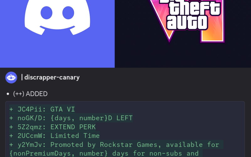 Logos de Discord et de GTA VI au-dessus d’un extrait du code de Discord mentionnant une campagne GTA VI promue par Rockstar Games