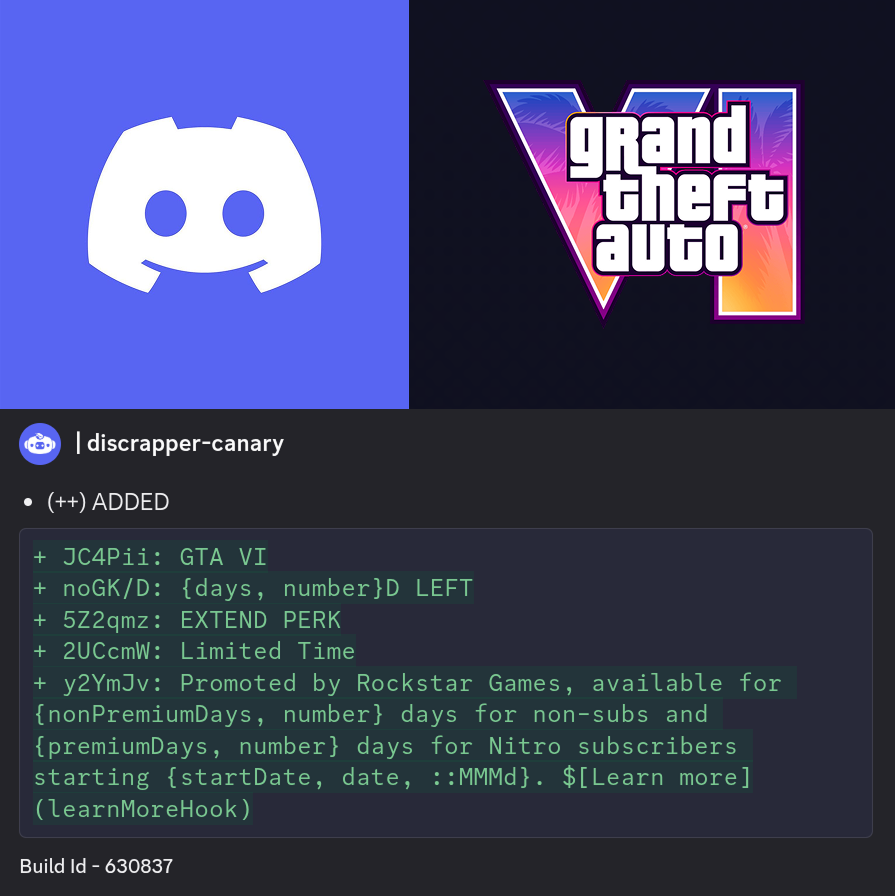 Logos de Discord et de GTA VI au-dessus d’un extrait du code de Discord mentionnant une campagne GTA VI promue par Rockstar Games