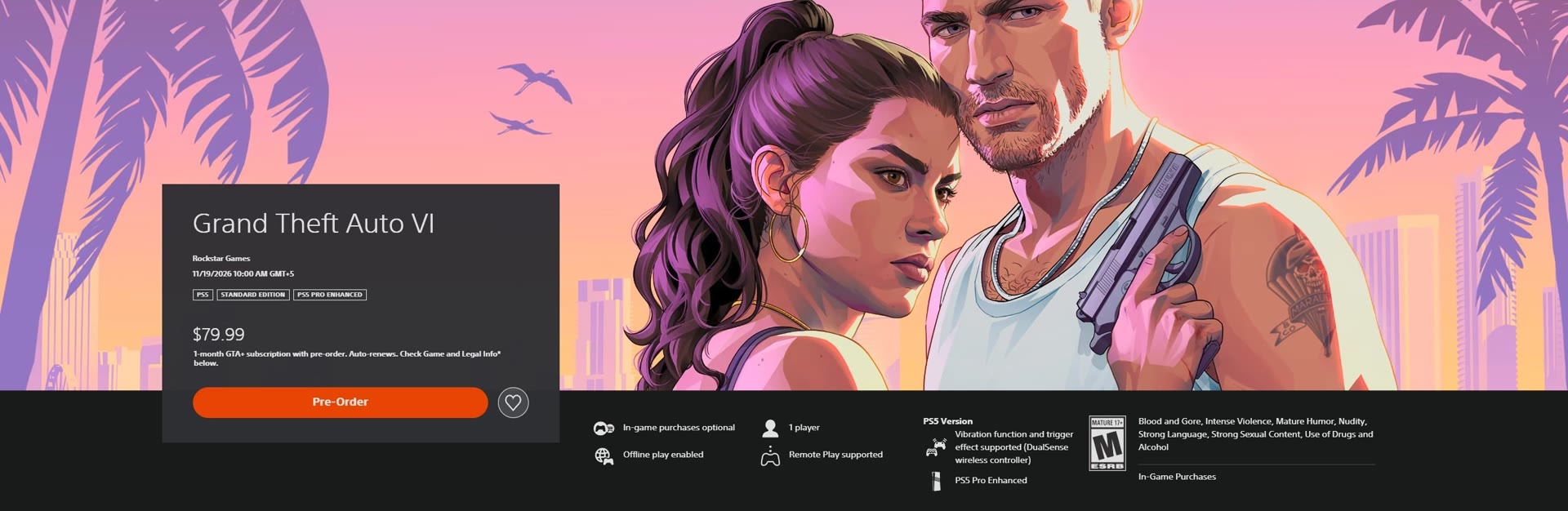 Page PlayStation Store de GTA VI avec Lucia et Jason, le prix de 79,99 dollars et la classification ESRB Mature 17+