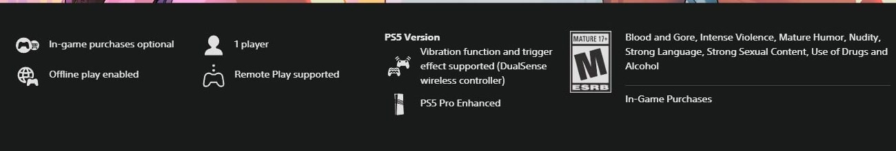 Détail de la fiche PlayStation Store de GTA VI : logo ESRB Mature 17+, descripteurs de contenu et mention des achats en jeu facultatifs