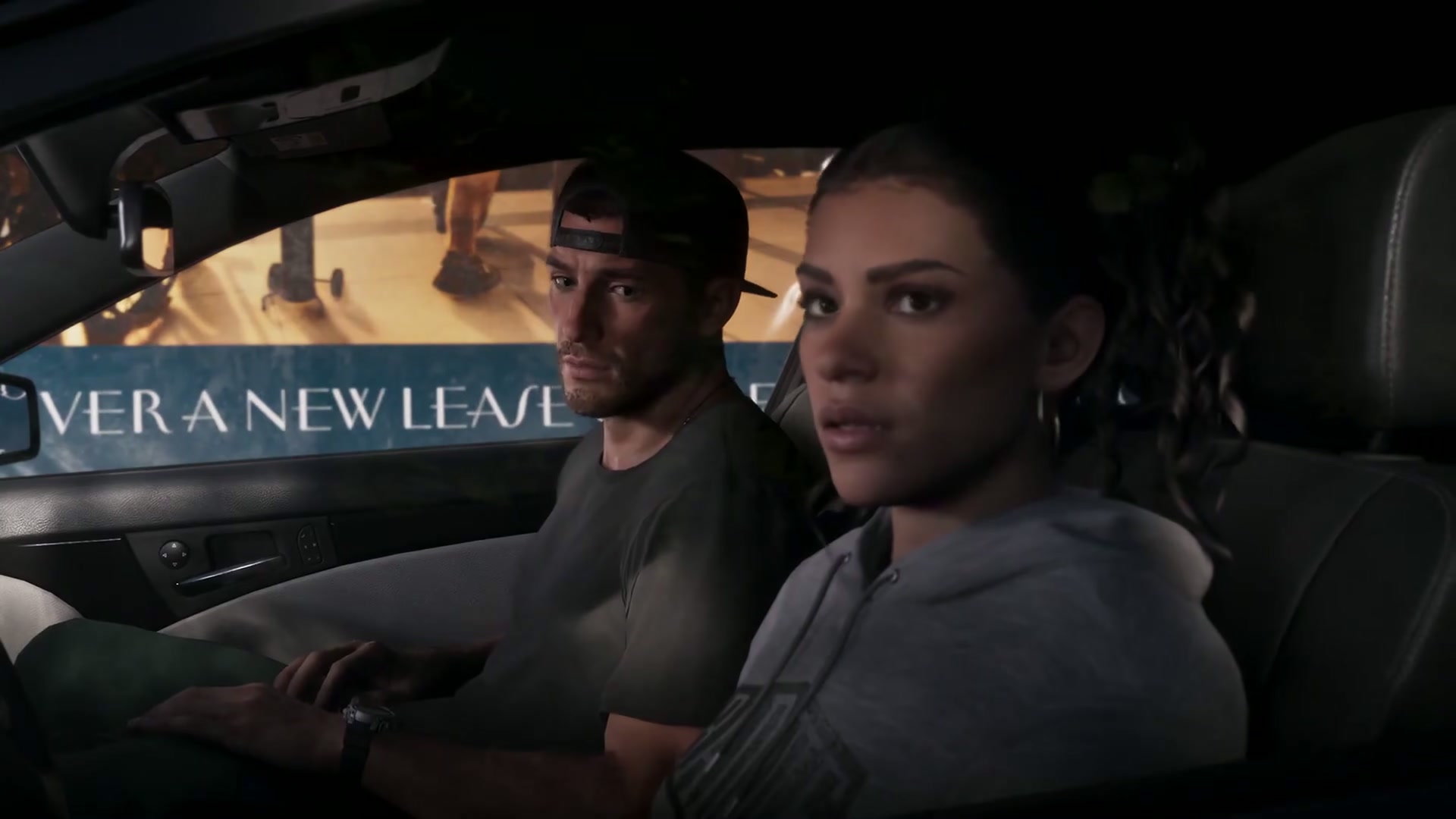 Jason au volant et Lucia sur le siège passager, dans l’Extended Look officiel de GTA VI