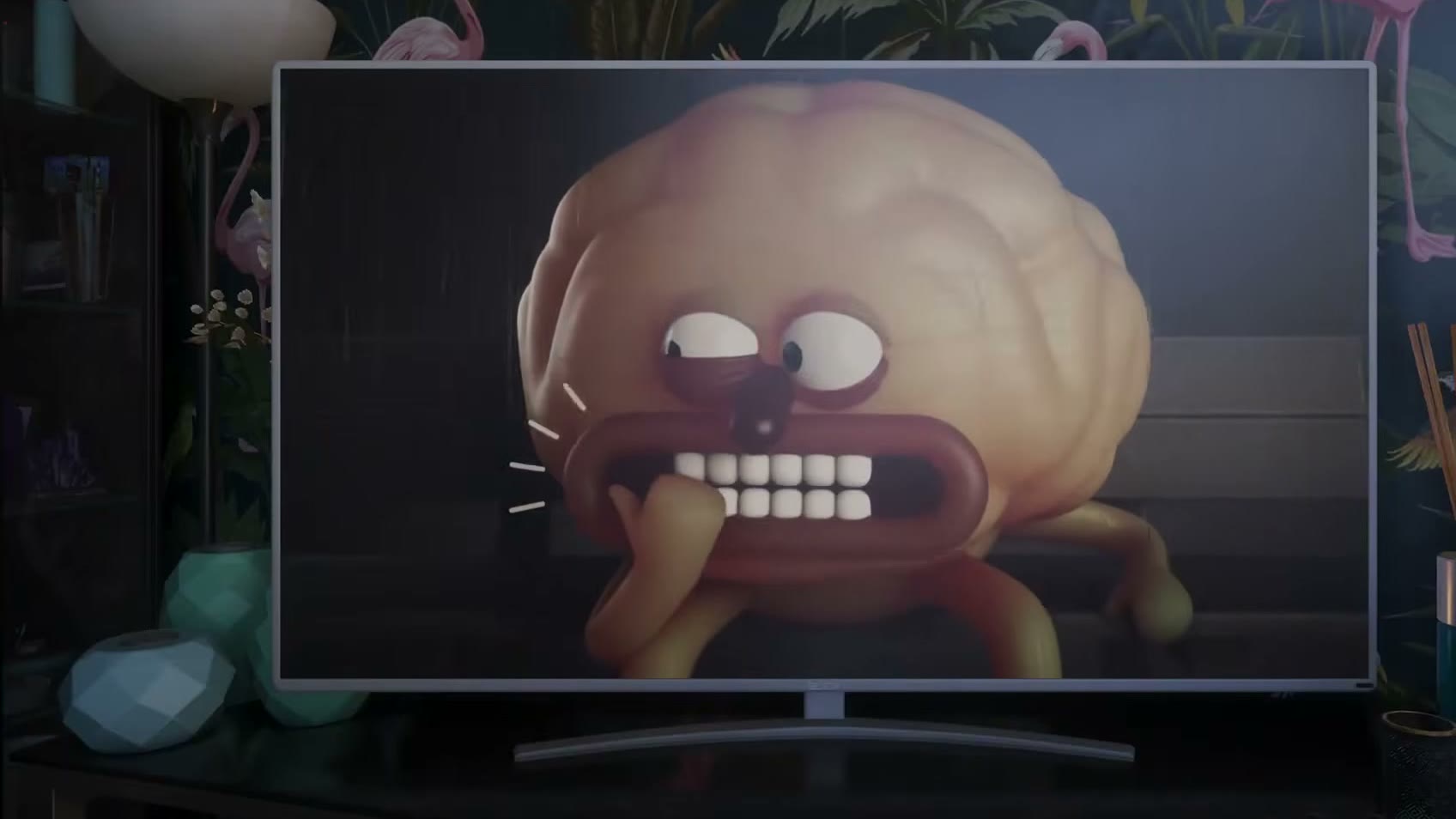 Une créature animée grimaçante à la télévision, dans la publicité pour le médicament Angstipan de l’Extended Look de GTA VI