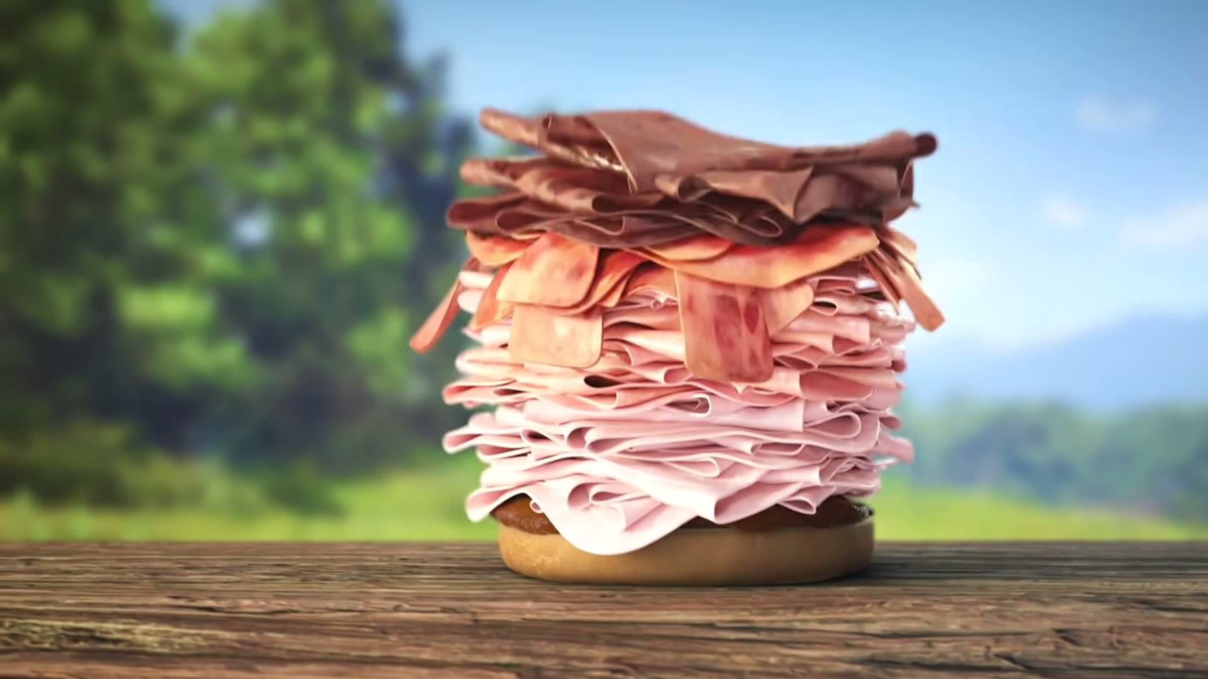 Un sandwich géant empilé de tranches de charcuterie, dans la publicité Prairie de l’Extended Look de GTA VI