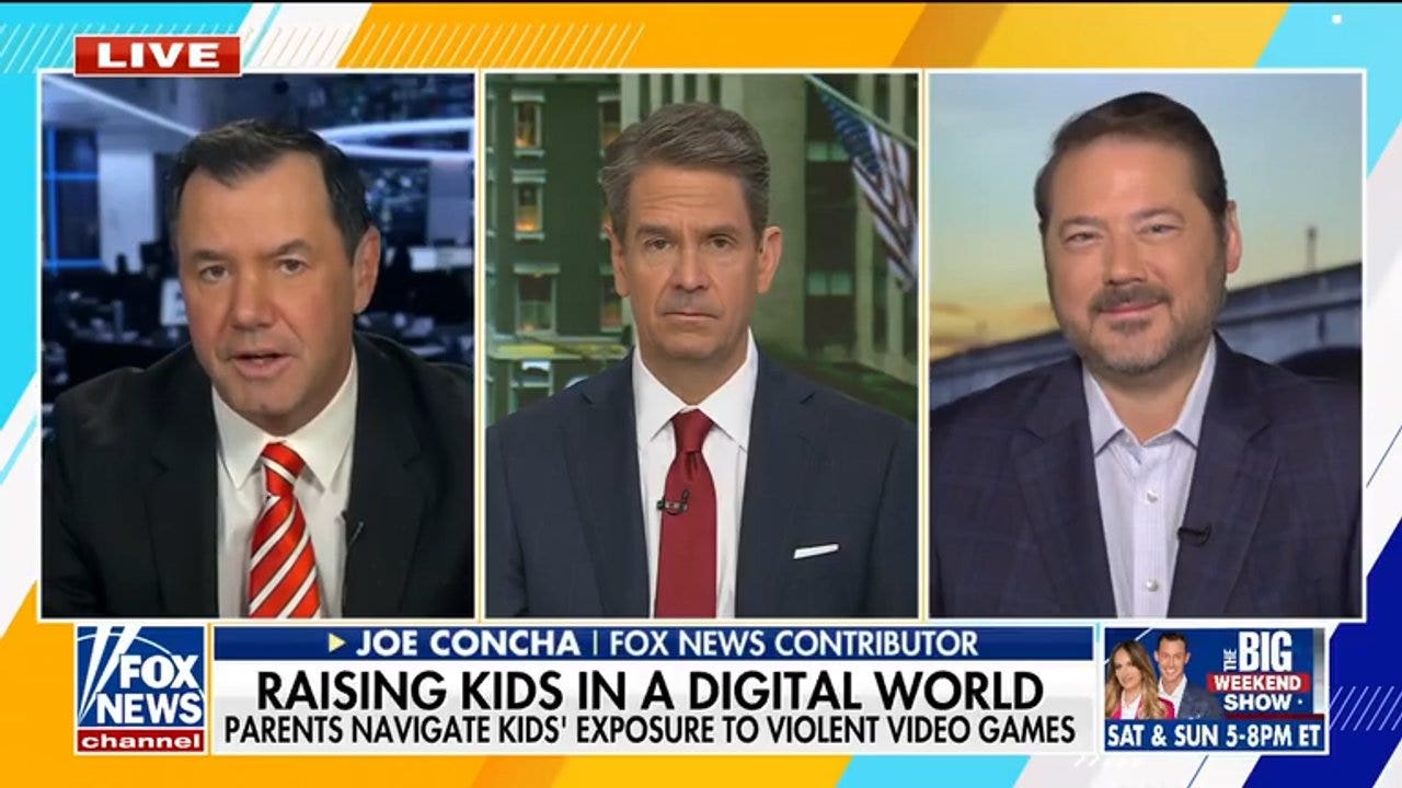Joe Concha, le présentateur de Fox & Friends et Ben Domenech en duplex, sous le bandeau « Raising kids in a digital world »