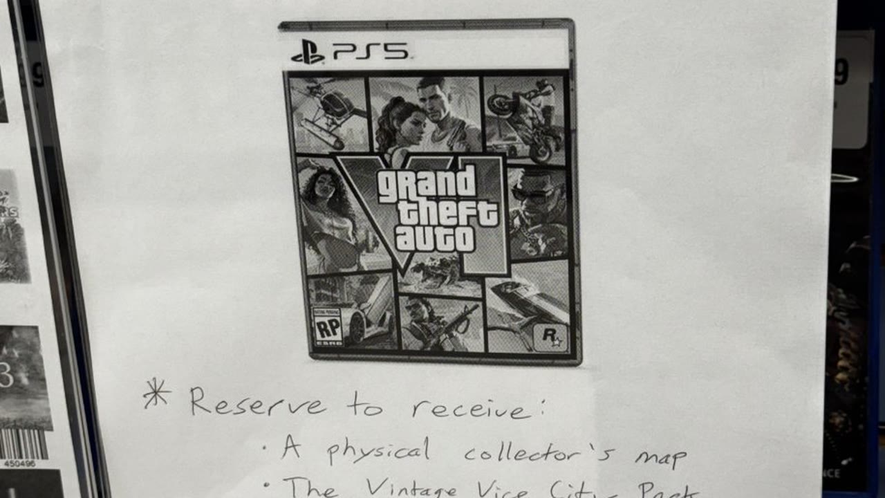 Affiche manuscrite d’un magasin GameStop avec la jaquette PS5 de GTA VI et la mention d’une carte collector offerte
