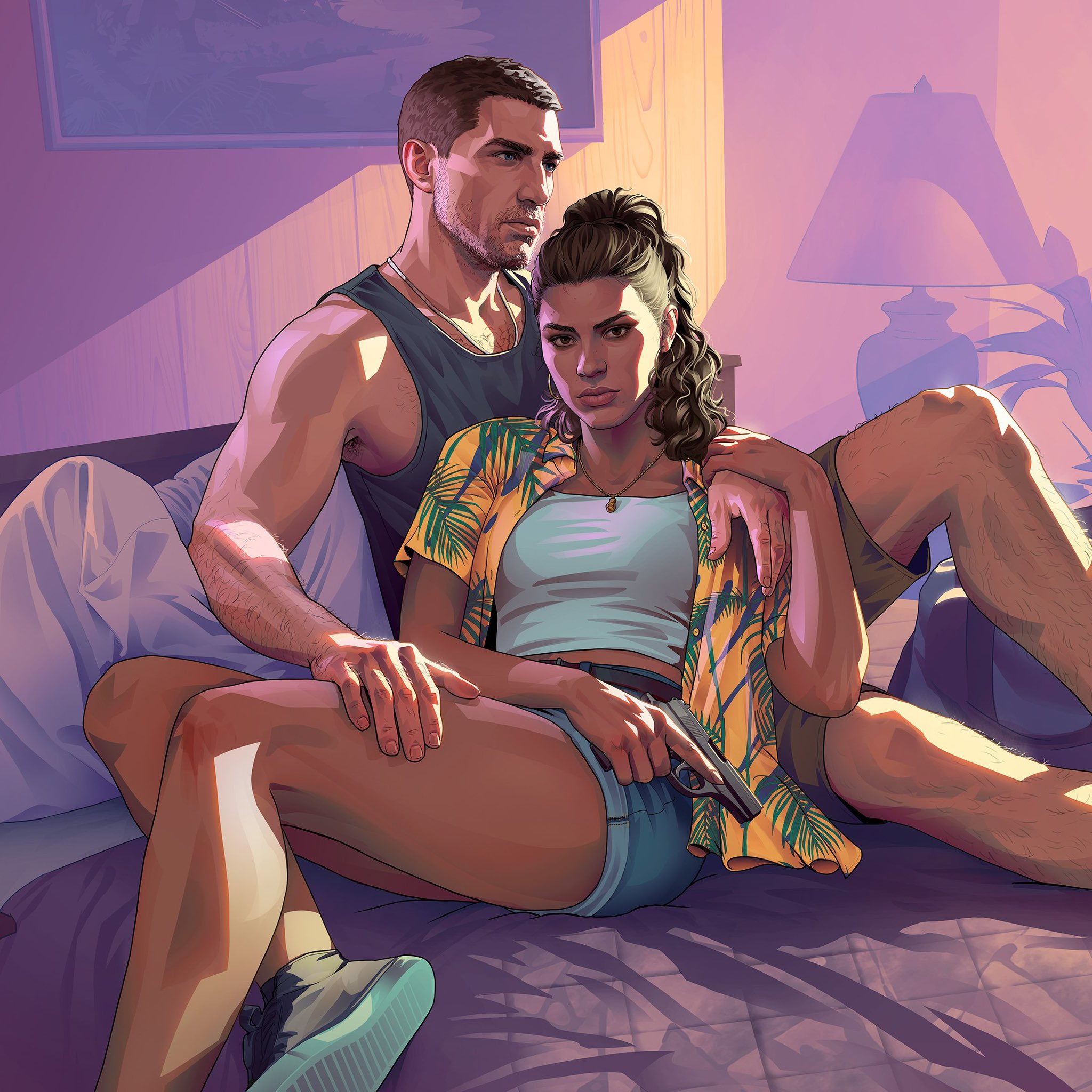 Artwork officiel de GTA VI montrant Jason et Lucia assis sur un lit de motel, Lucia tenant un pistolet