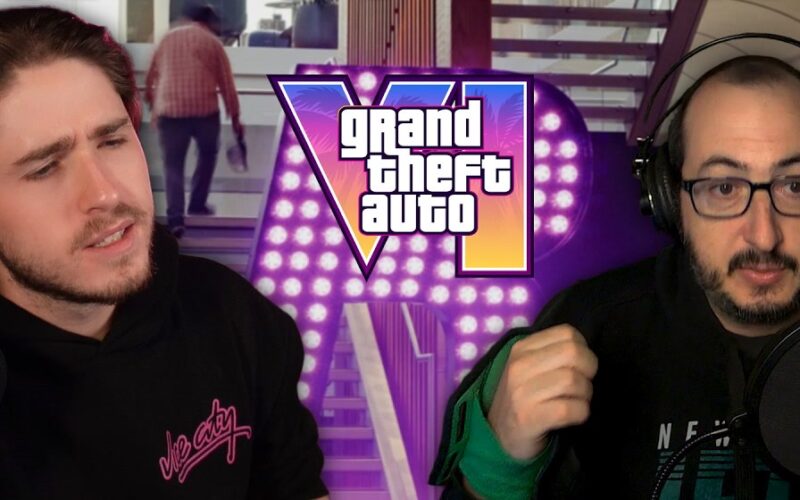 Le youtubeur TGG et le journaliste de Bloomberg Jason Schreier face à face, de part et d’autre du logo de GTA VI
