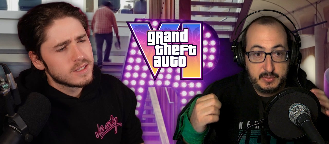 Le youtubeur TGG et le journaliste de Bloomberg Jason Schreier face à face, de part et d’autre du logo de GTA VI