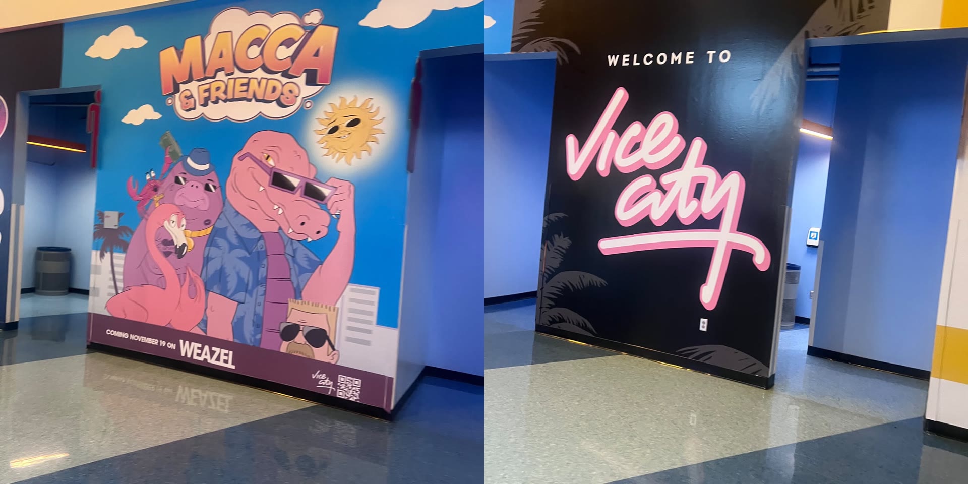 Deux fresques dans les couloirs du Kaseya Center : le dessin animé Macca & Friends annoncé pour le 19 novembre sur Weazel, et un mur noir « Welcome to Vice City » en lettres roses