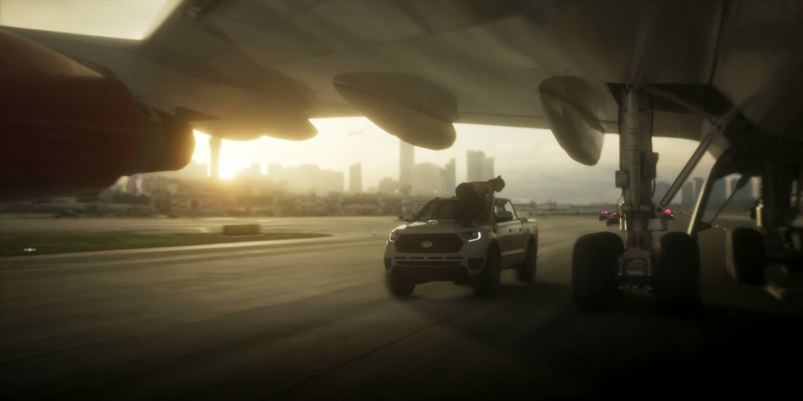 Une voiture roule sous le train d'atterrissage d'un avion au coucher du soleil, Launch Trailer de GTA VI