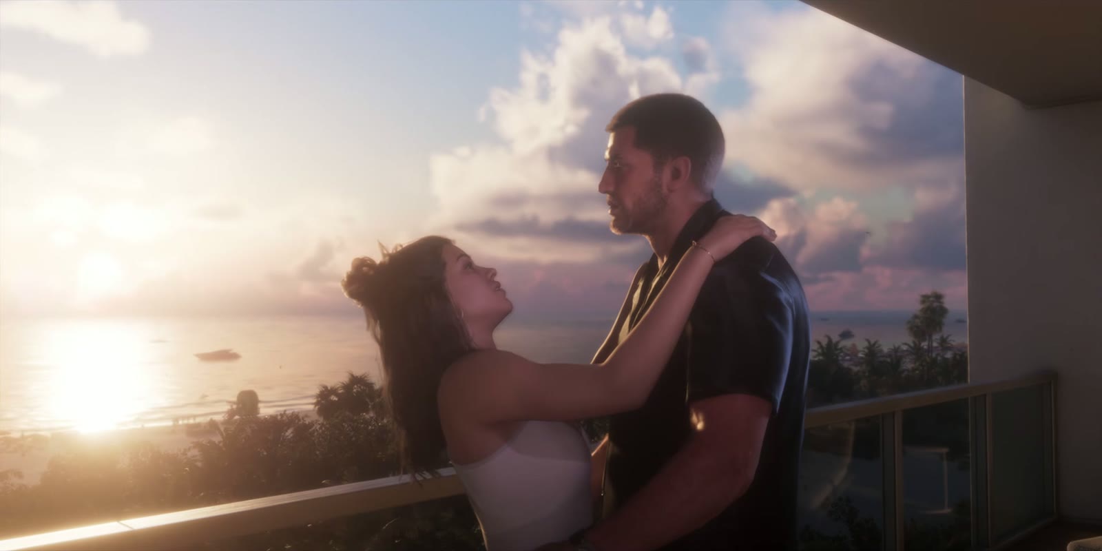Jason et Lucia enlacés sur un balcon face au coucher du soleil, Launch Trailer de GTA VI