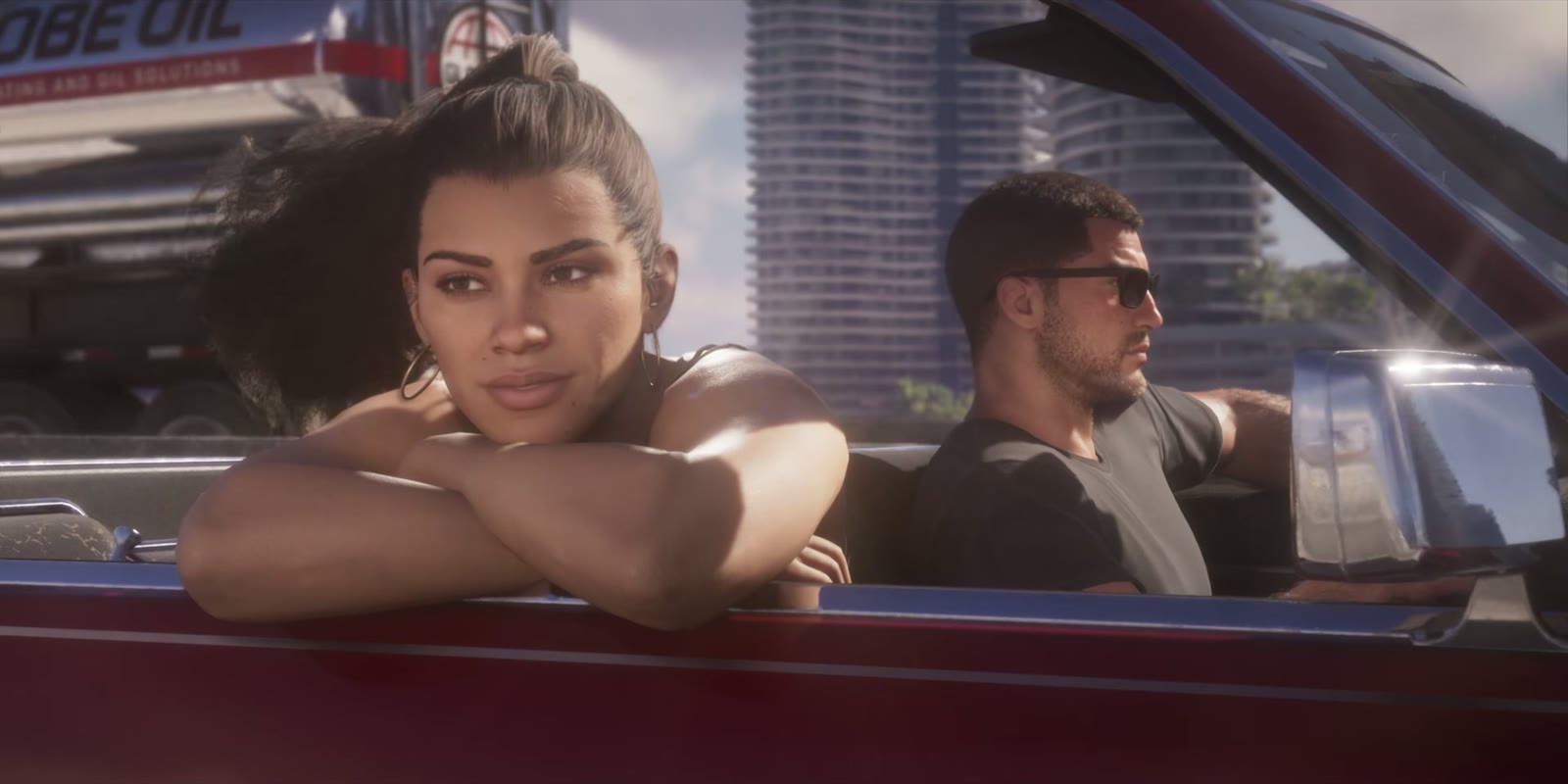 Lucia accoudée à la portière d'un cabriolet conduit par Jason, dans le Launch Trailer de GTA VI