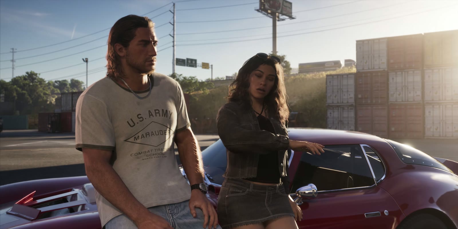 Jason et Lucia adossés à une voiture rouge près d'un port à conteneurs, Launch Trailer de GTA VI