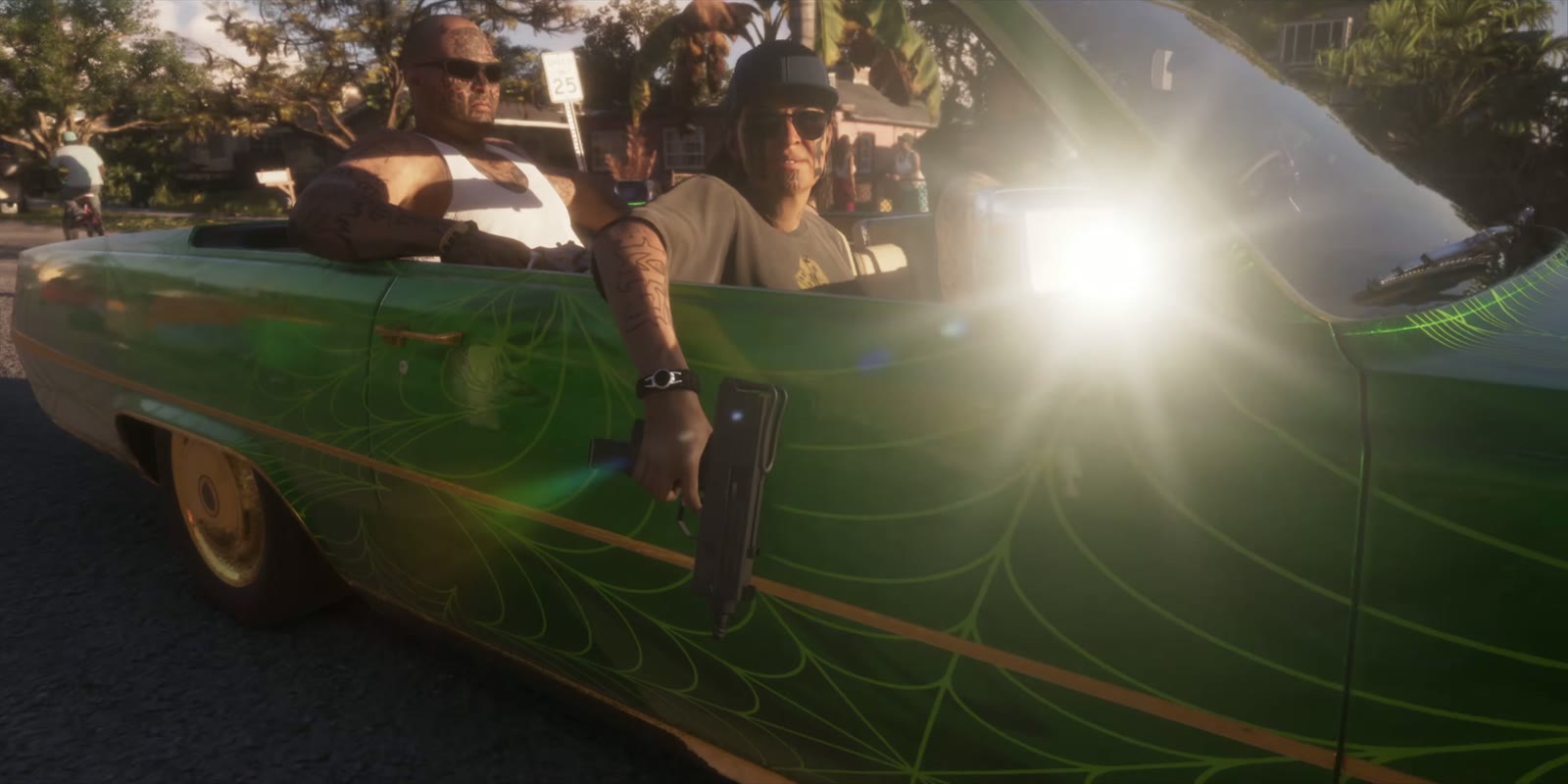 Un lowrider vert qui rebondit sur ses suspensions dans une rue de Vice City, Launch Trailer de GTA VI