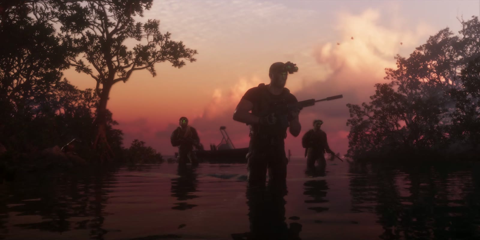 Des silhouettes armées avancent dans l'eau d'un marais de Leonida au coucher du soleil, Launch Trailer de GTA VI