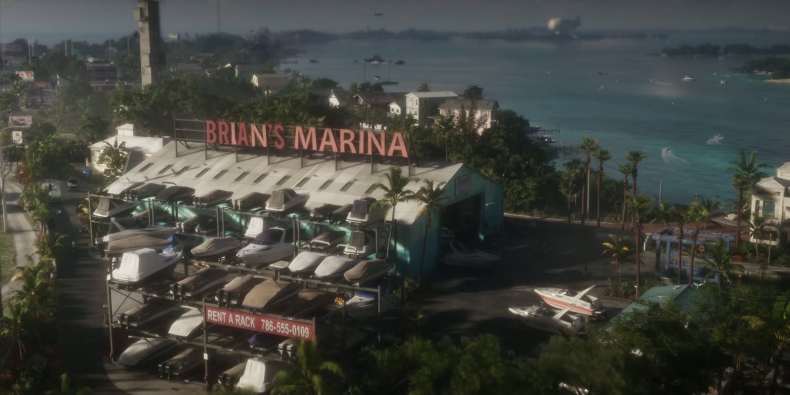Vue aérienne de Brian's Marina et de ses bateaux dans les Keys, Launch Trailer de GTA VI