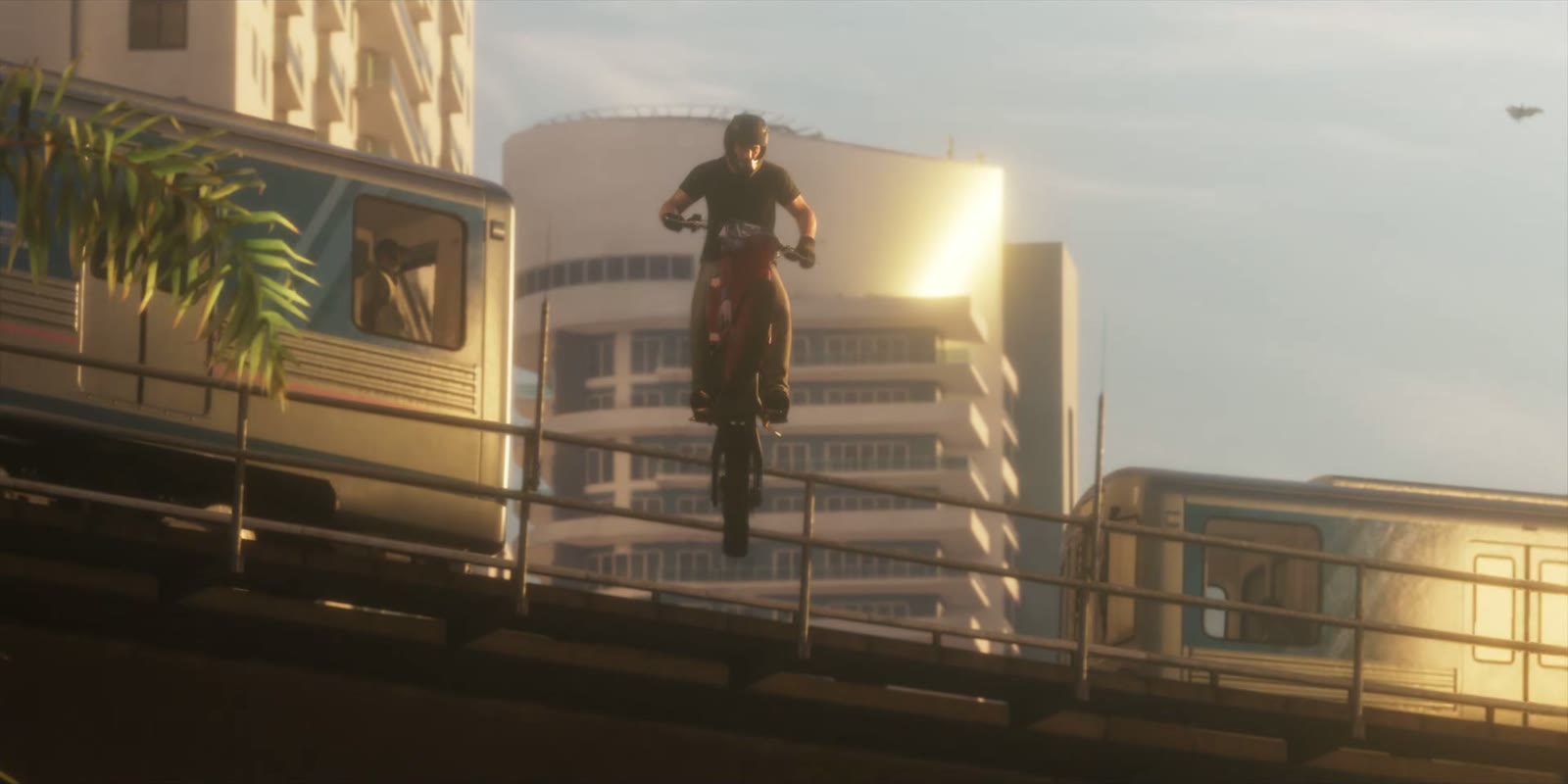 Un pilote de moto cross saute entre deux immeubles de Vice City, Launch Trailer de GTA VI