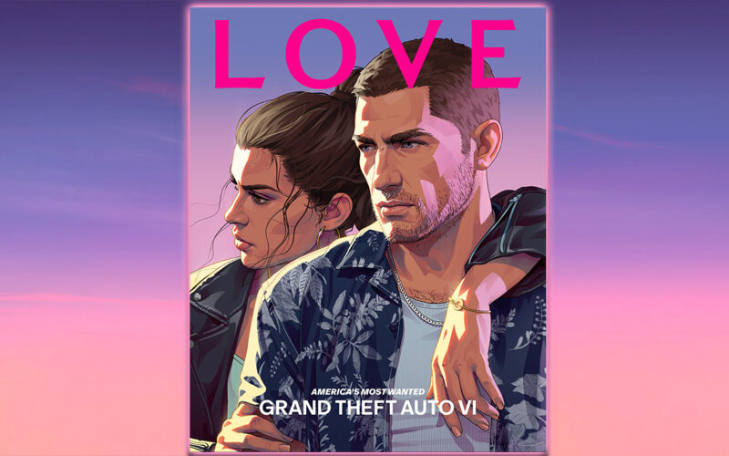Couverture du numéro 27 de LOVE Magazine : illustration de Lucia et Jason sur fond de ciel rose, avec le titre Grand Theft Auto VI