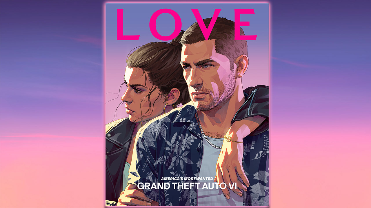 Couverture du numéro 27 de LOVE Magazine : illustration de Lucia et Jason sur fond de ciel rose, avec le titre Grand Theft Auto VI