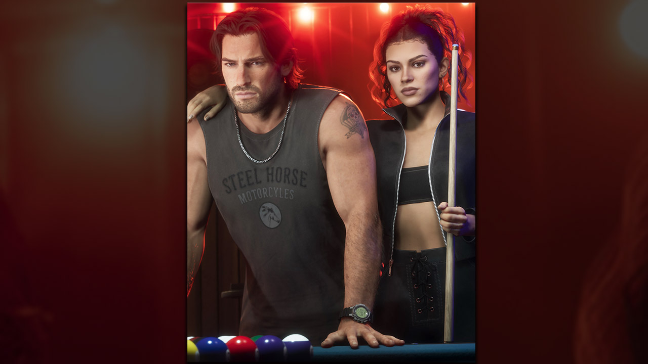 Jason en débardeur et Lucia autour d'une table de billard sous une lumière rouge