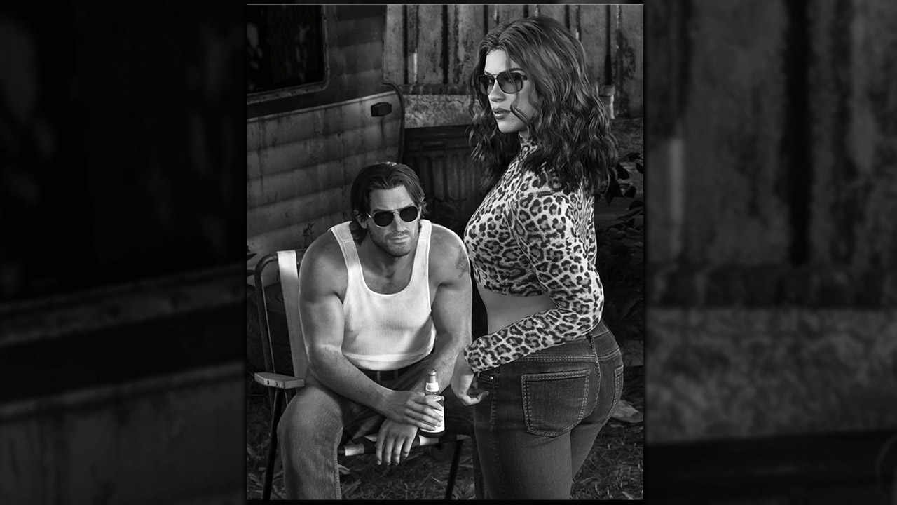 Jason assis une bière à la main et Lucia en haut léopard devant une caravane, en noir et blanc