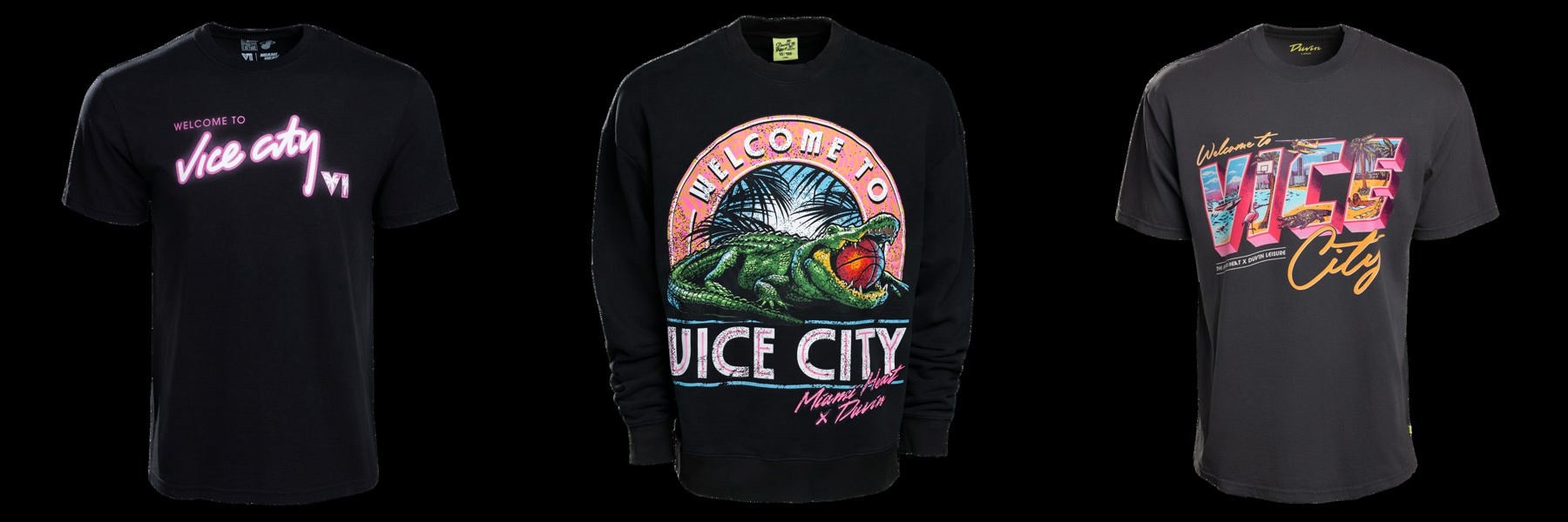Trois pièces de la collection Vice City du Miami Heat : t-shirt noir Welcome to Vice City au néon rose, sweat à l’alligator et t-shirt gris façon carte postale