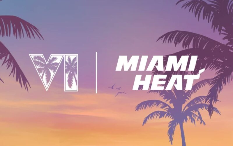 Visuel officiel du partenariat entre GTA VI et le Miami Heat : le logo VI aux palmiers et le logo Miami Heat sur un ciel de coucher de soleil