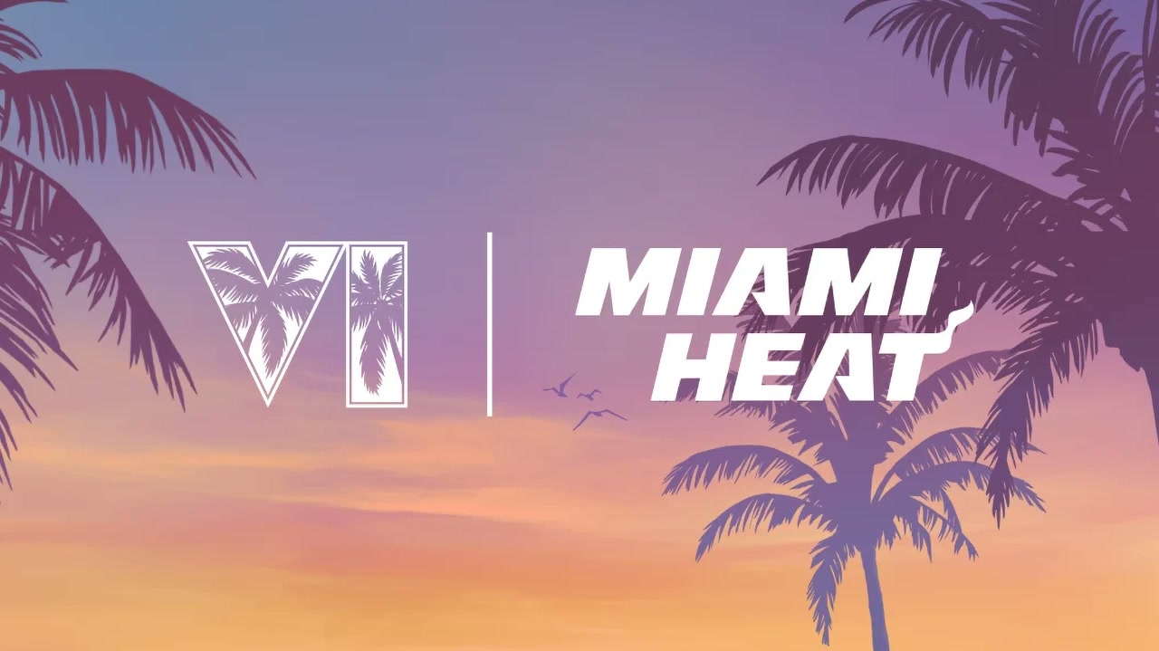 Visuel officiel du partenariat entre GTA VI et le Miami Heat : le logo VI aux palmiers et le logo Miami Heat sur un ciel de coucher de soleil