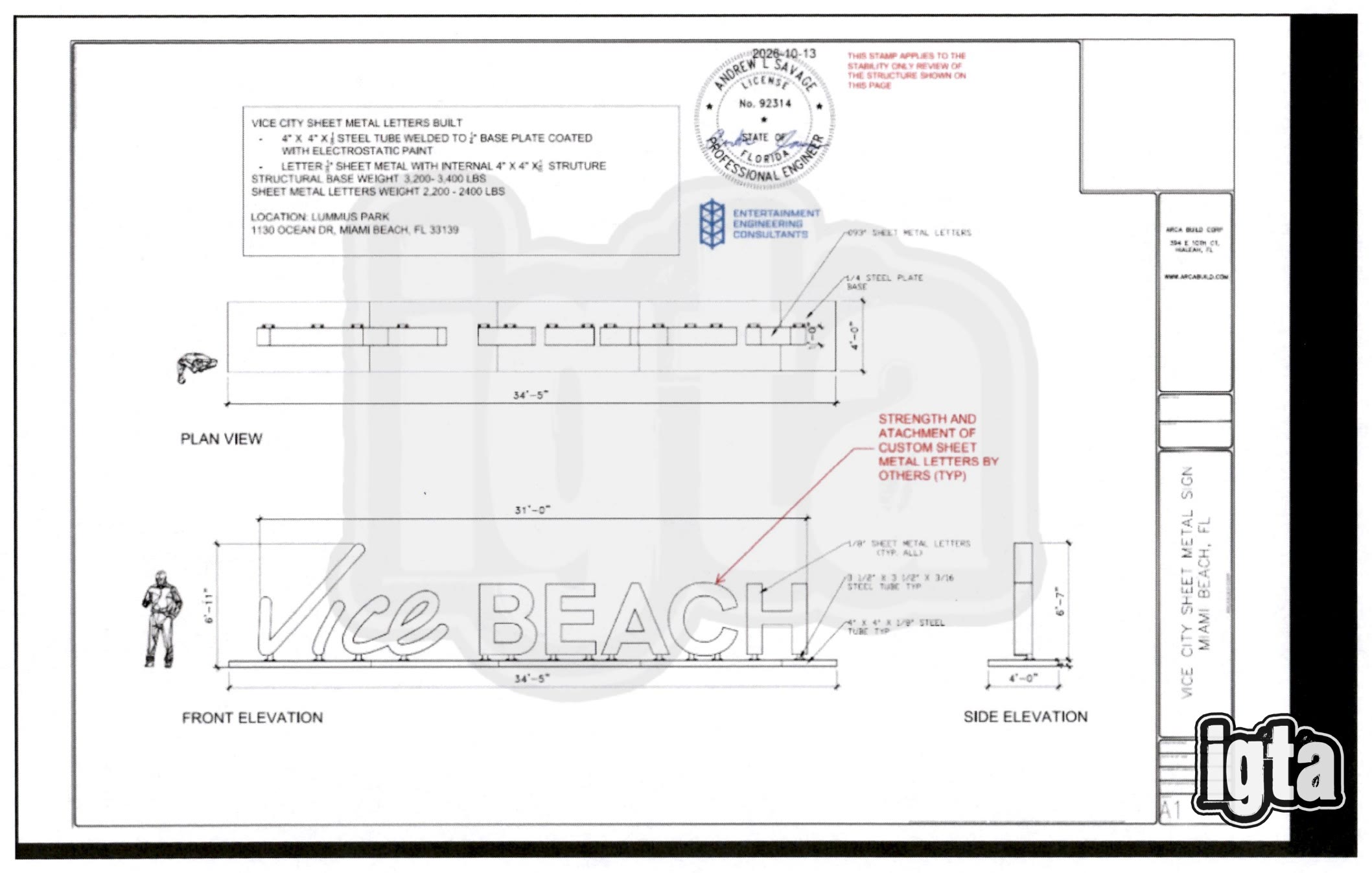 Plan d’ingénieur daté du 13 octobre 2026 du panneau en lettres de métal « Vice BEACH », environ 9,5 m de large et 2,1 m de haut, prévu à Lummus Park