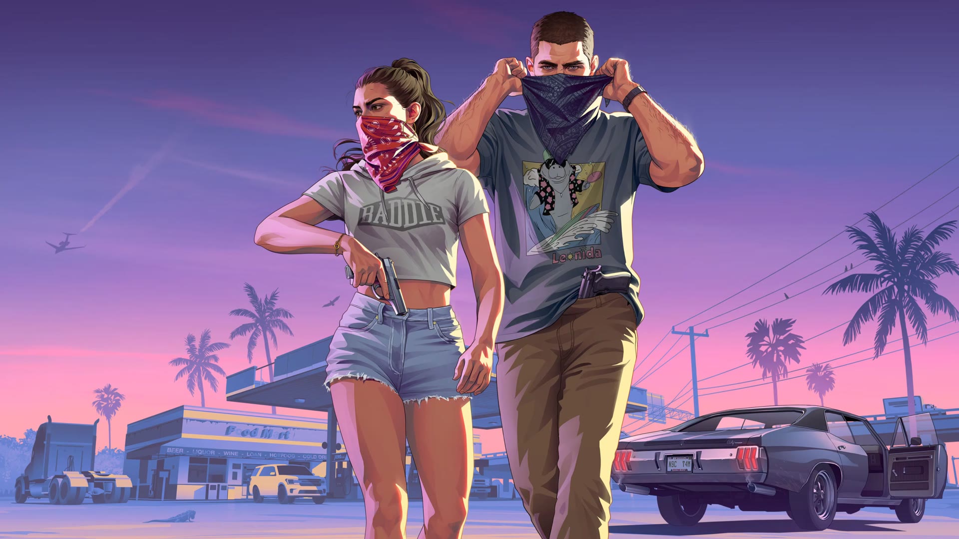Jason et Lucia remontent leur bandana devant une station-service de Leonida, visuel officiel de GTA VI