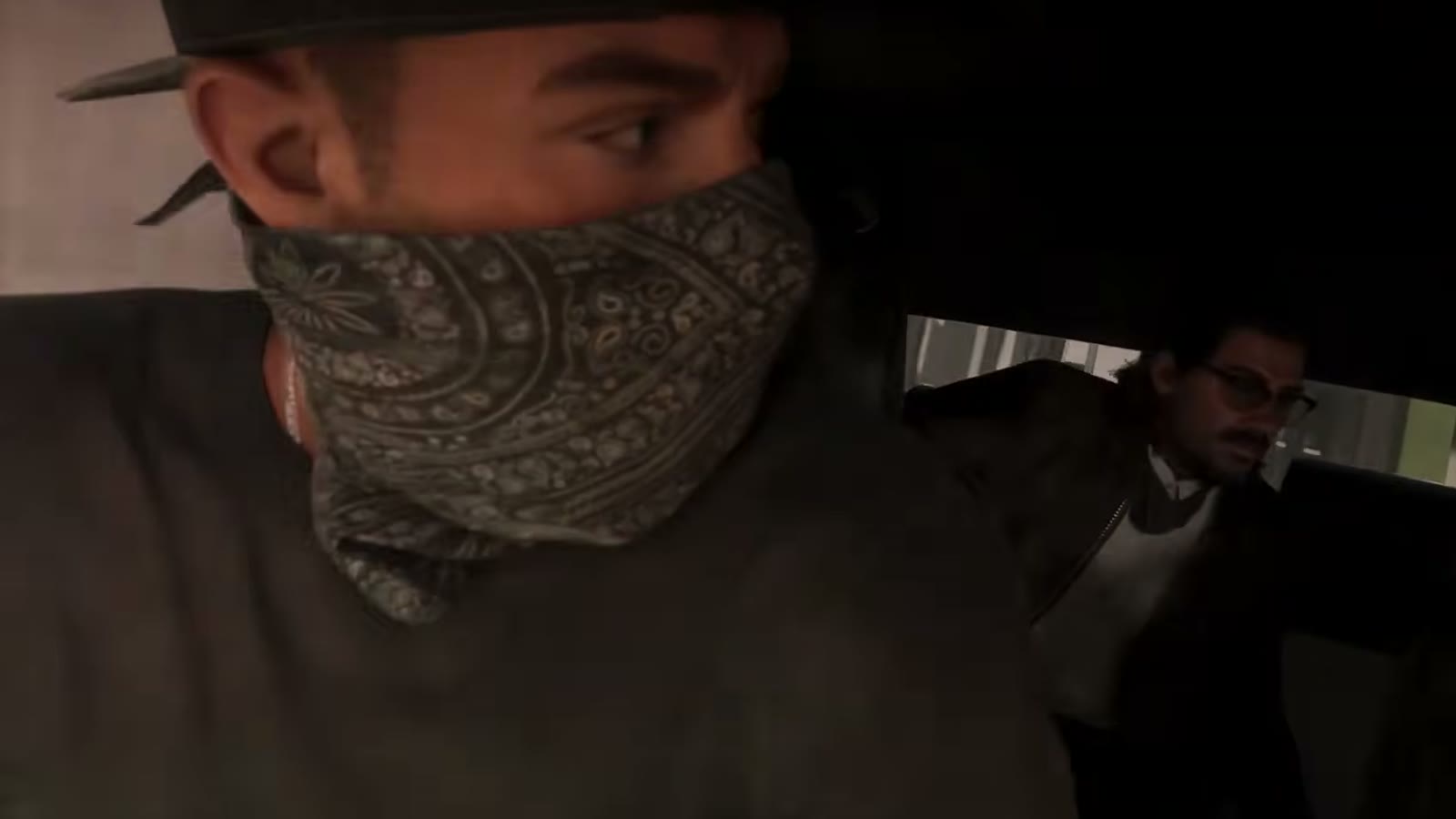 Jason Duval masqué par un bandana pendant la fuite avec Raul Bautista