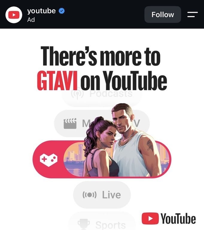 Publicité sponsorisée de YouTube sur Instagram : « There’s more to GTA VI on YouTube », avec Jason et Lucia sans arme