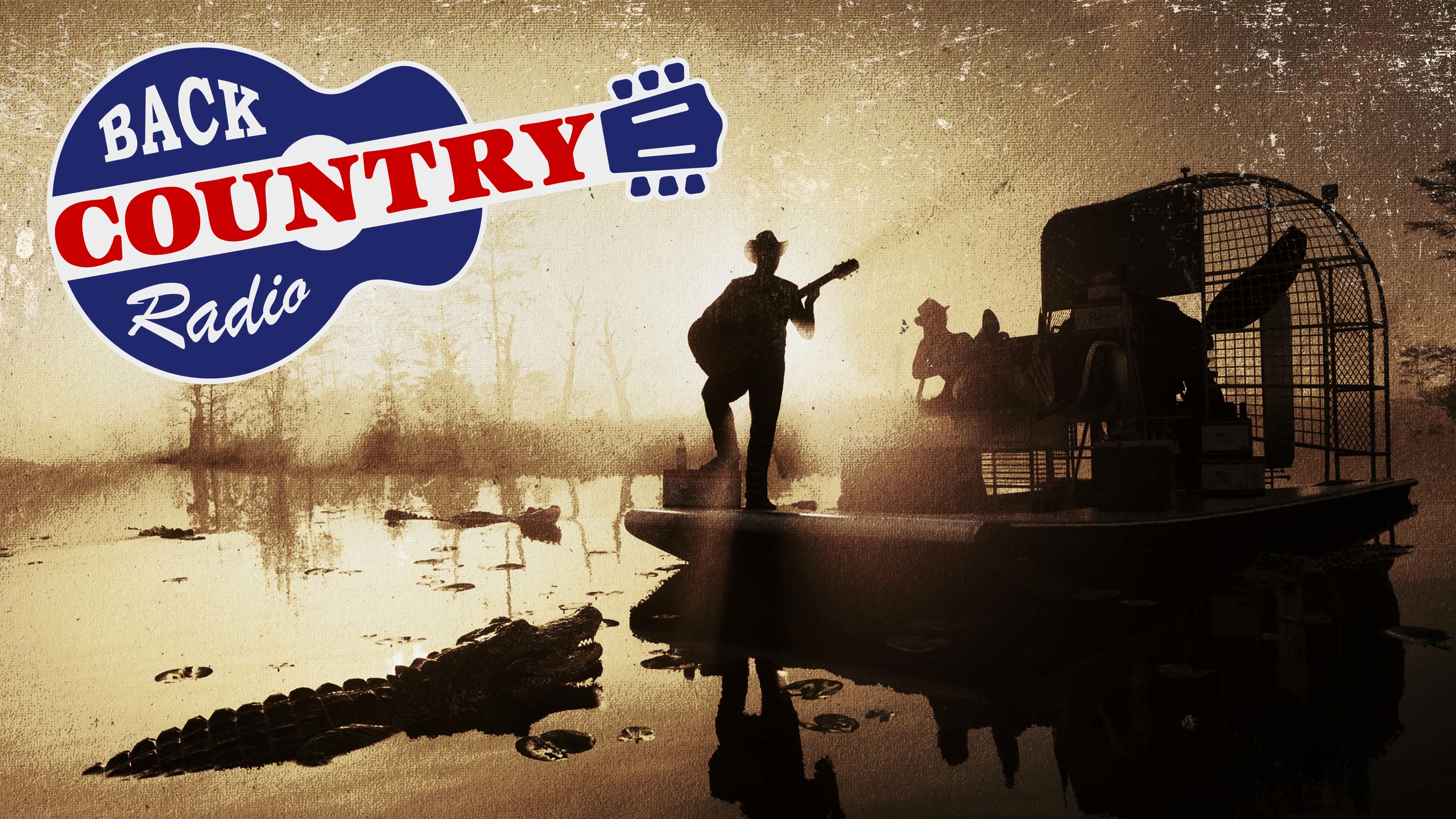 Visuel de Back Country Radio : silhouette d’un guitariste sur un hydroglisseur entouré d’alligators, et le logo en forme de guitare bleu, blanc, rouge