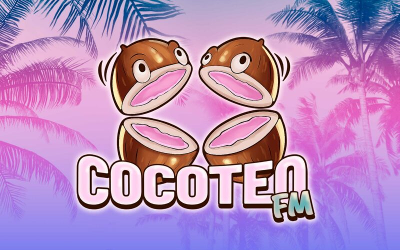 Visuel de Cocoteo FM : deux noix de coco coupées en deux avec des yeux, et le logo de la station