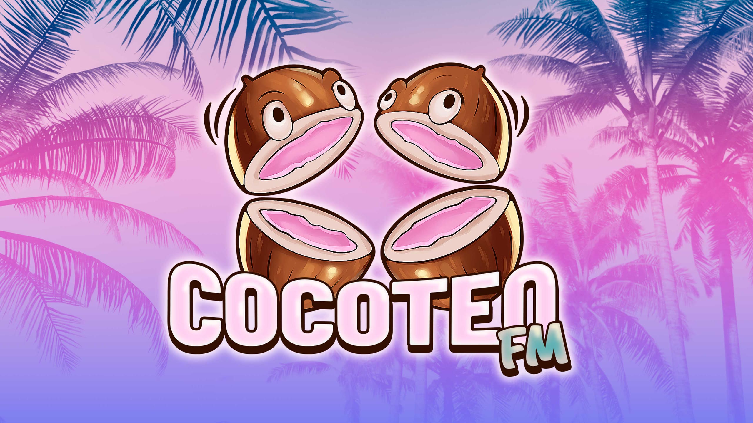 Visuel de Cocoteo FM : deux noix de coco coupées en deux avec des yeux, et le logo de la station