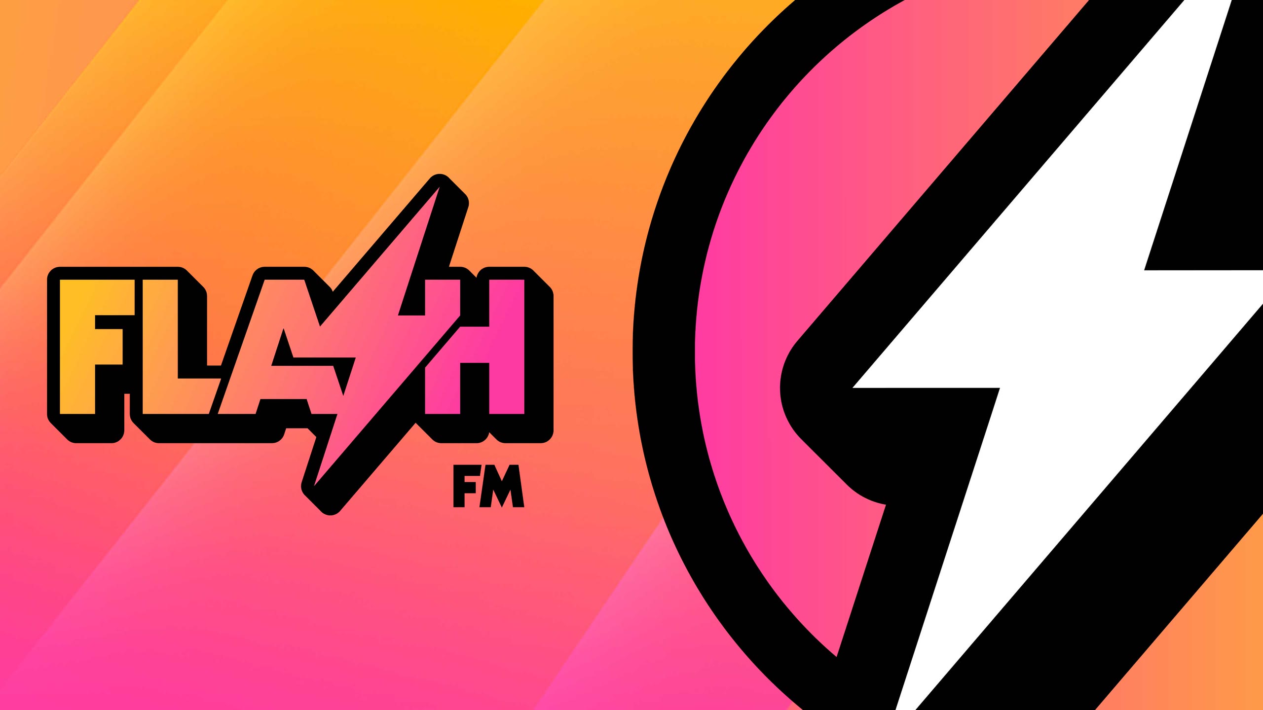 Logo de Flash FM, dont le S est un éclair, sur un fond dégradé rose et orange