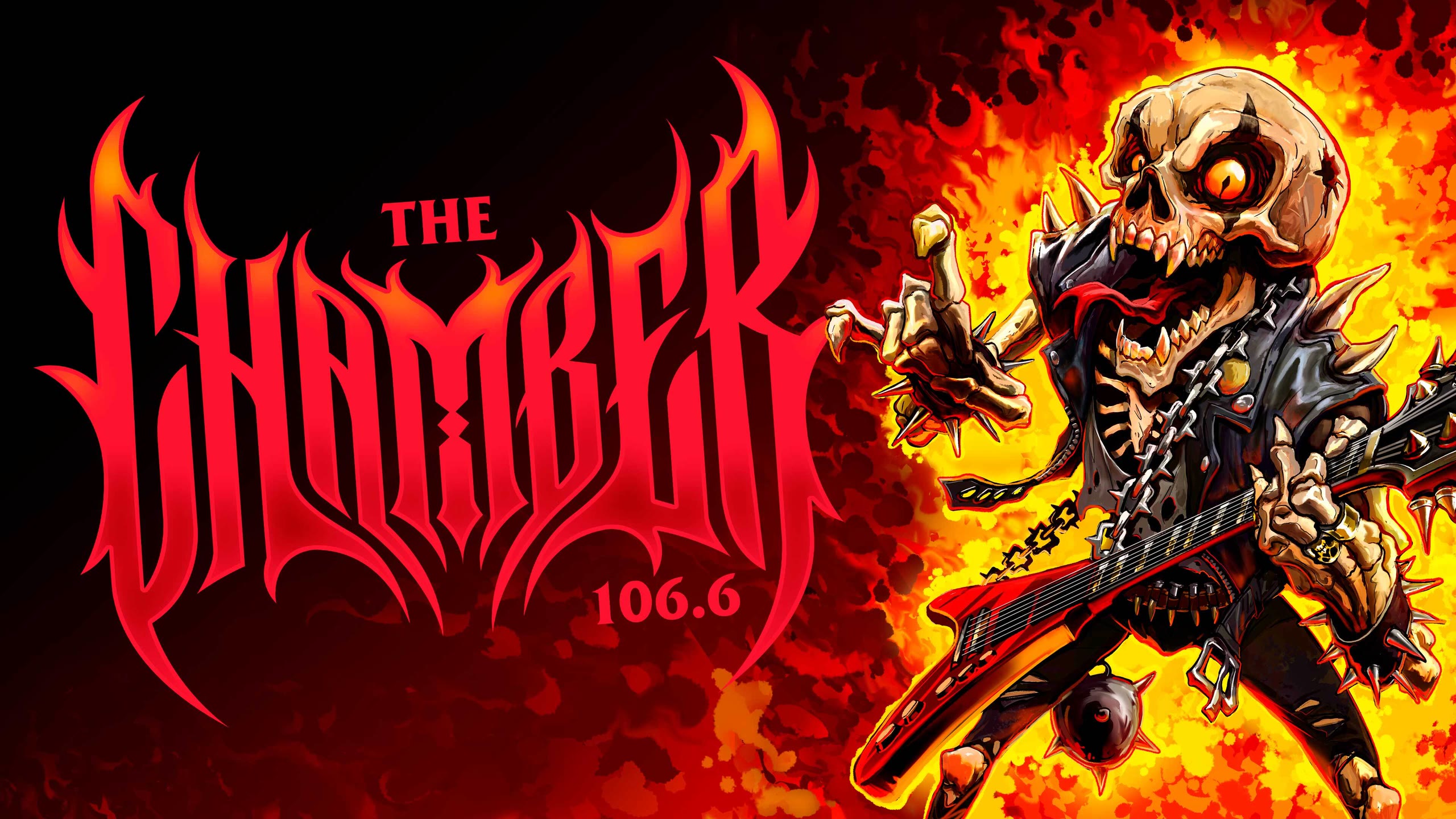 Visuel de The Chamber 106.6 : un squelette tenant une guitare rouge au milieu des flammes, et le logo métal de la station