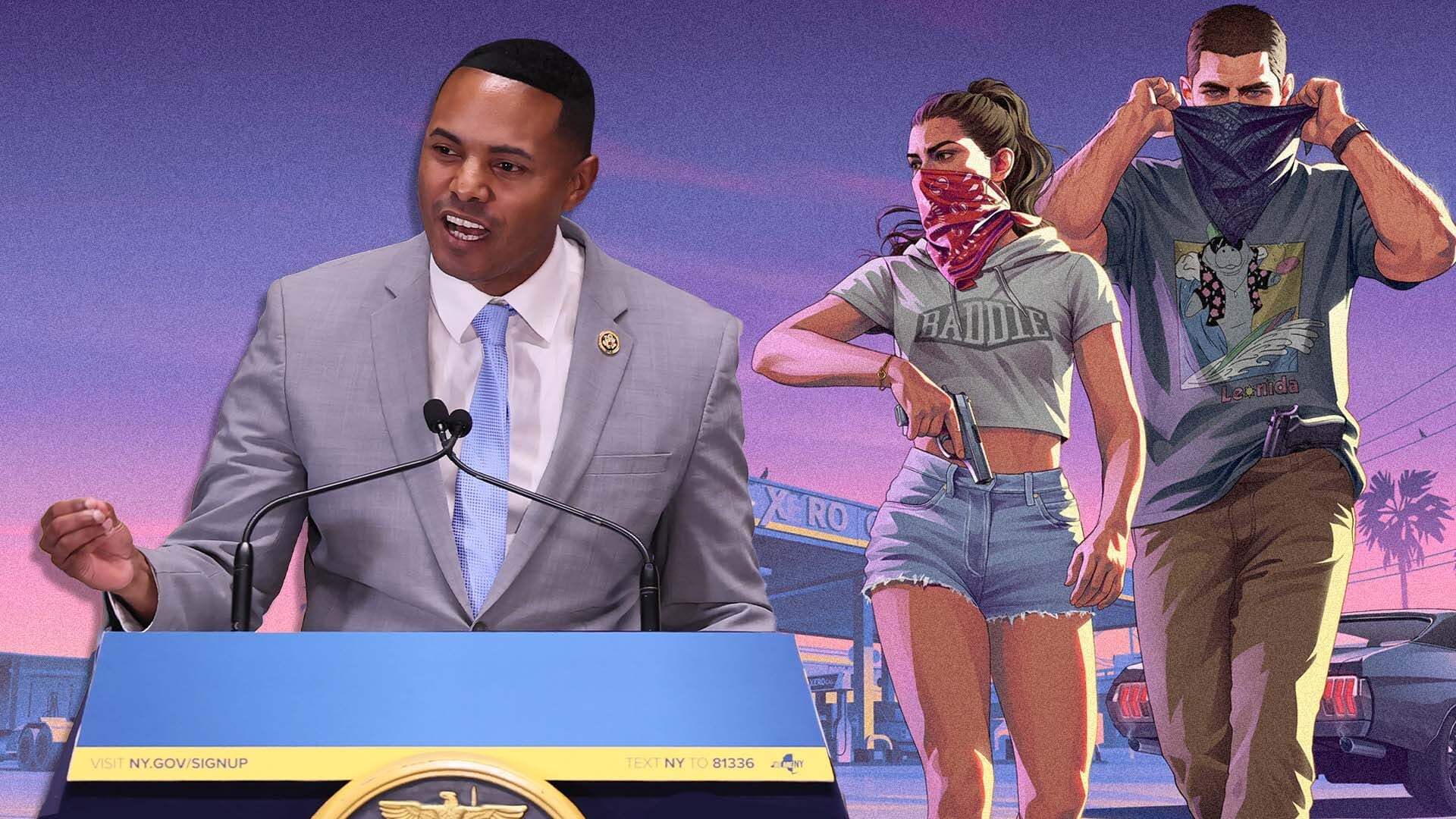 Le représentant américain Ritchie Torres à un pupitre, à côté de l’illustration officielle de Jason et Lucia de GTA VI