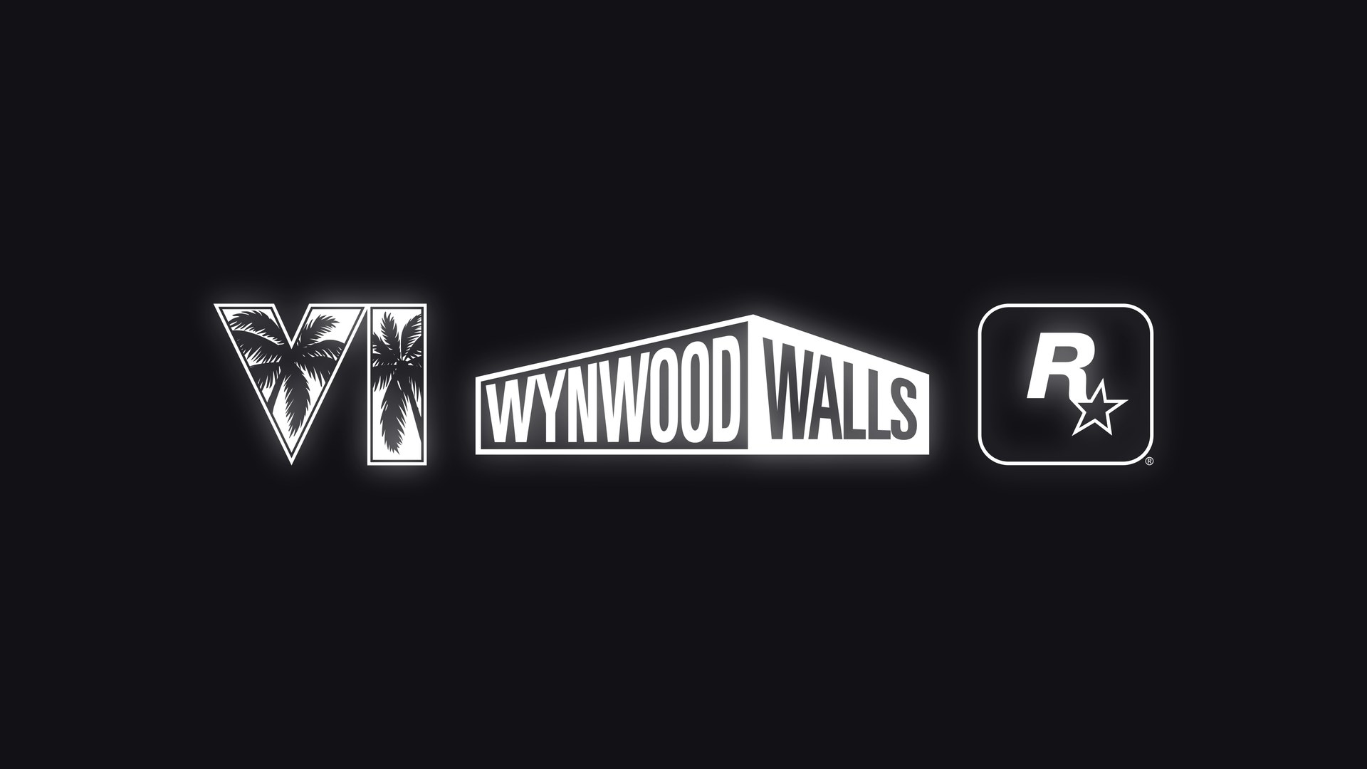 Logos lumineux de GTA VI, de Wynwood Walls et de Rockstar Games côte à côte sur fond noir