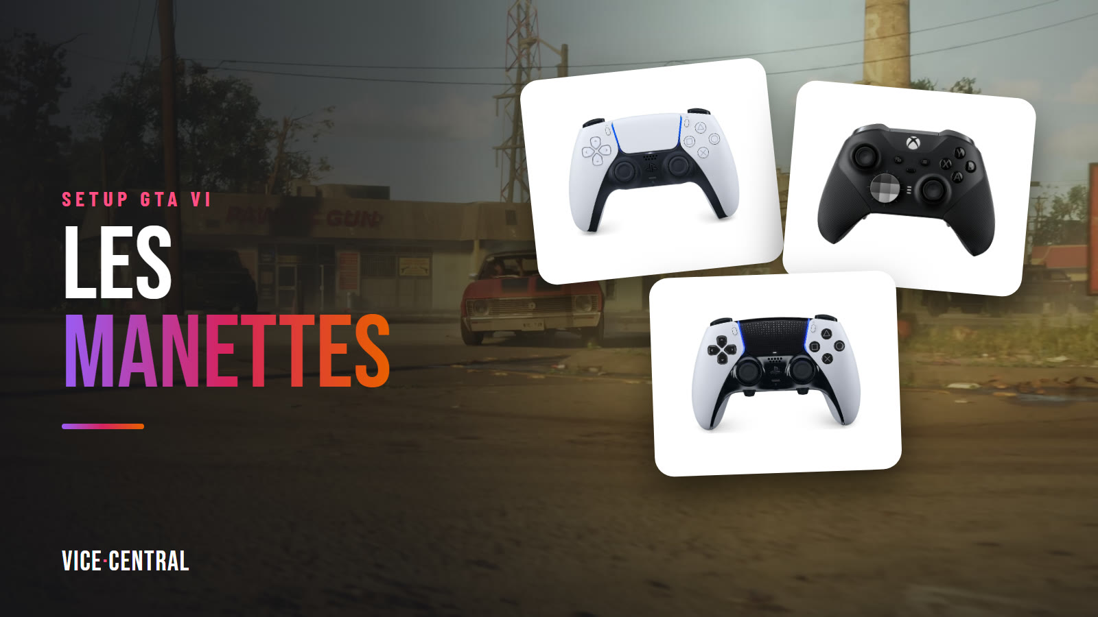 Manettes DualSense, Xbox Elite Series 2 et DualSense Edge devant une course-poursuite de GTA VI