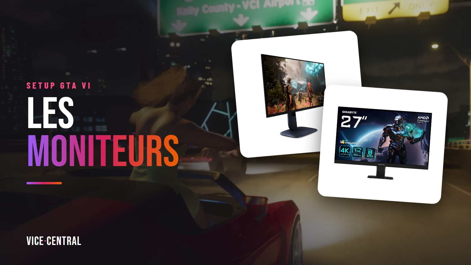 Moniteurs Alienware AW2725Q et Gigabyte GS27U devant une scène nocturne de GTA VI