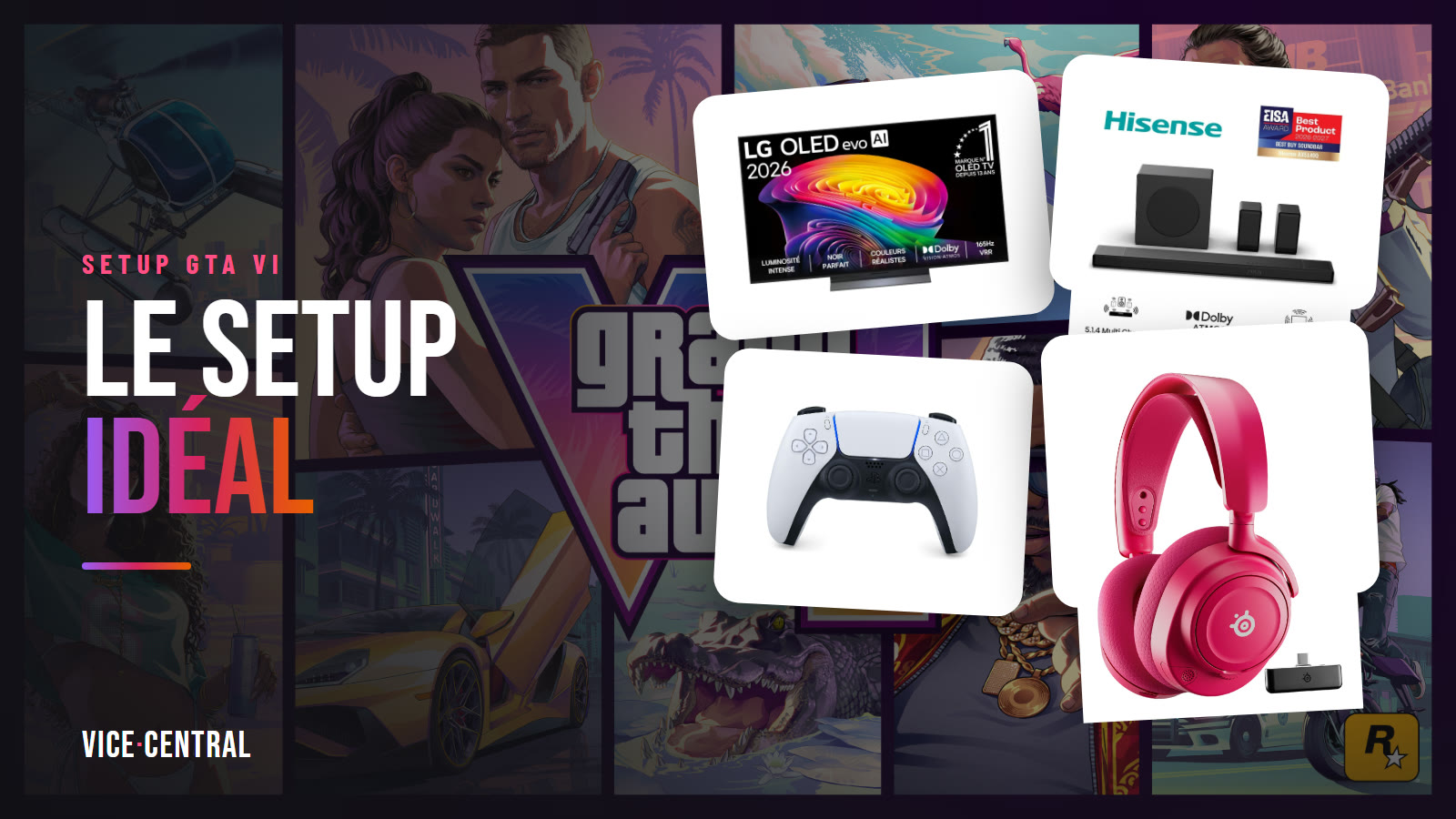Le setup idéal pour GTA VI : téléviseur LG, barre de son Hisense, manette DualSense et casque SteelSeries devant la jaquette du jeu