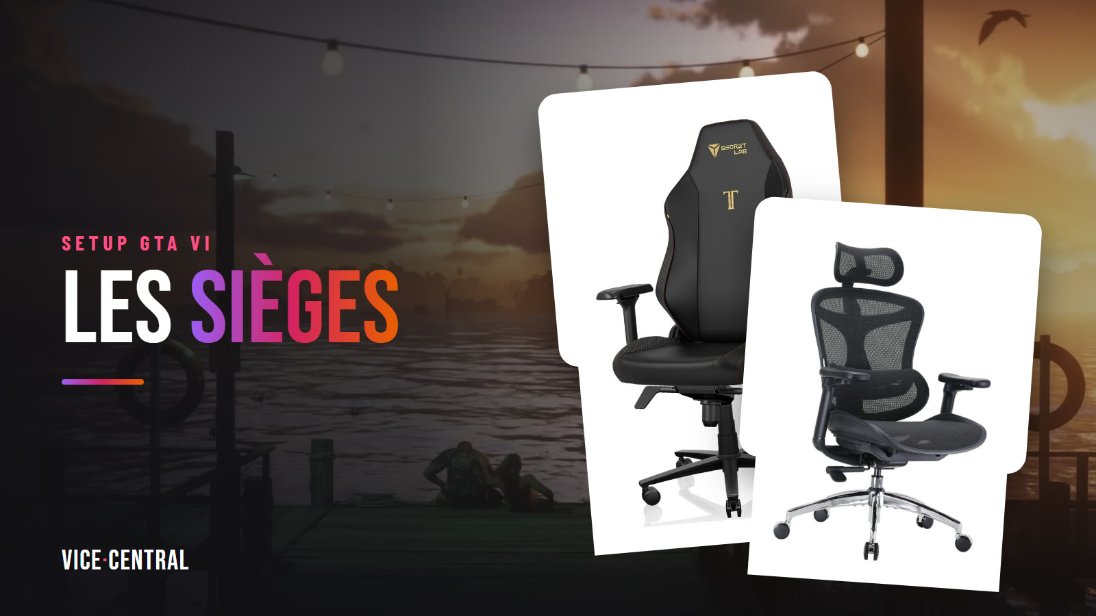 Sièges Secretlab Titan Evo et Sihoo Doro C300 devant un ponton au coucher du soleil dans GTA VI