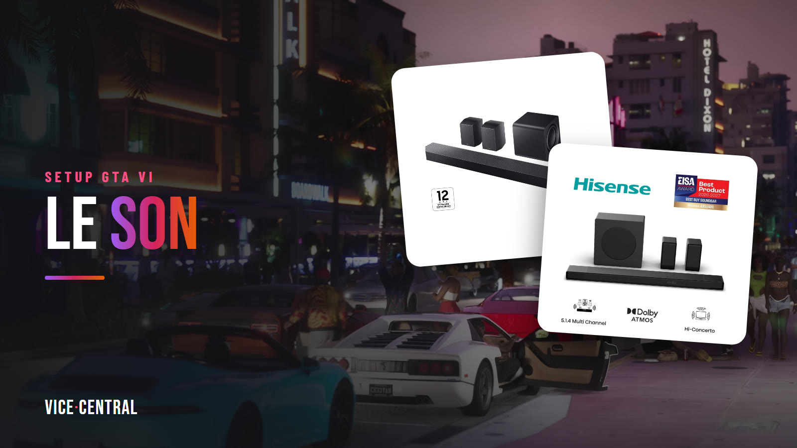 Barres de son Samsung HW-Q990H et Hisense AX5140Q devant Ocean Drive à Vice City dans GTA VI