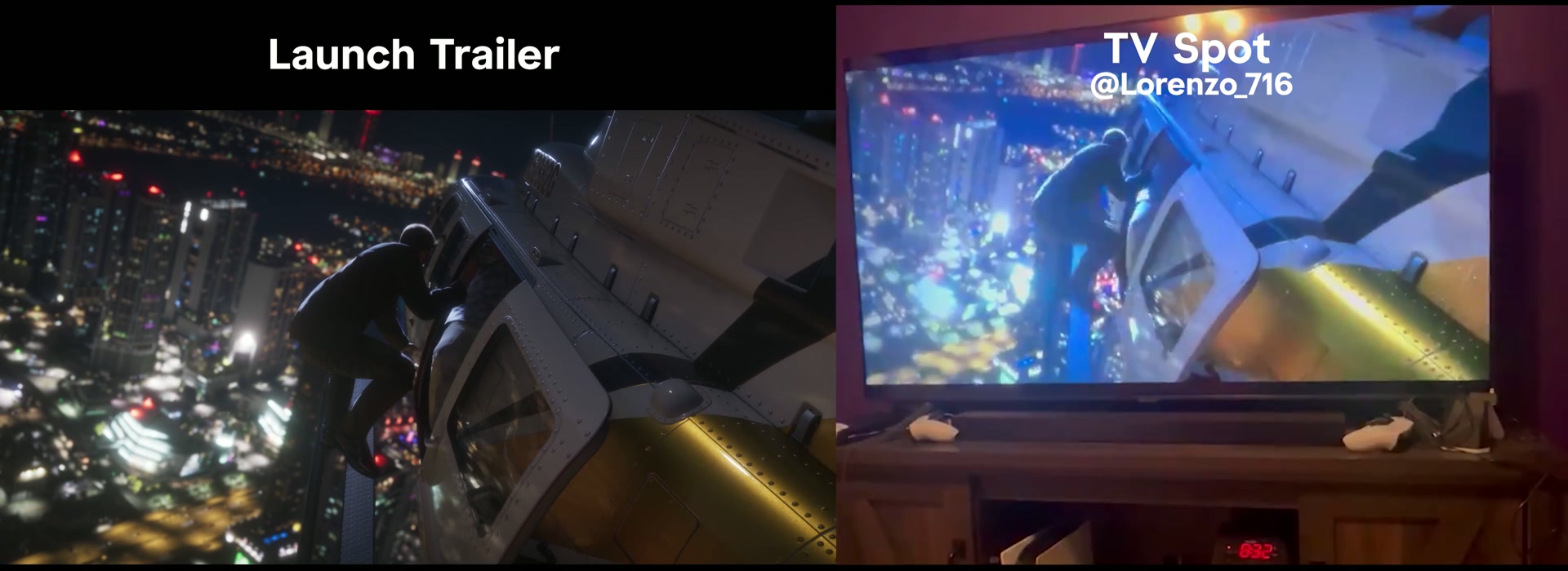 Comparaison côte à côte d’un plan du trailer de lancement de GTA VI et du même plan dans le spot TV filmé sur un téléviseur : un homme accroché à un hélicoptère au-dessus de Vice City la nuit