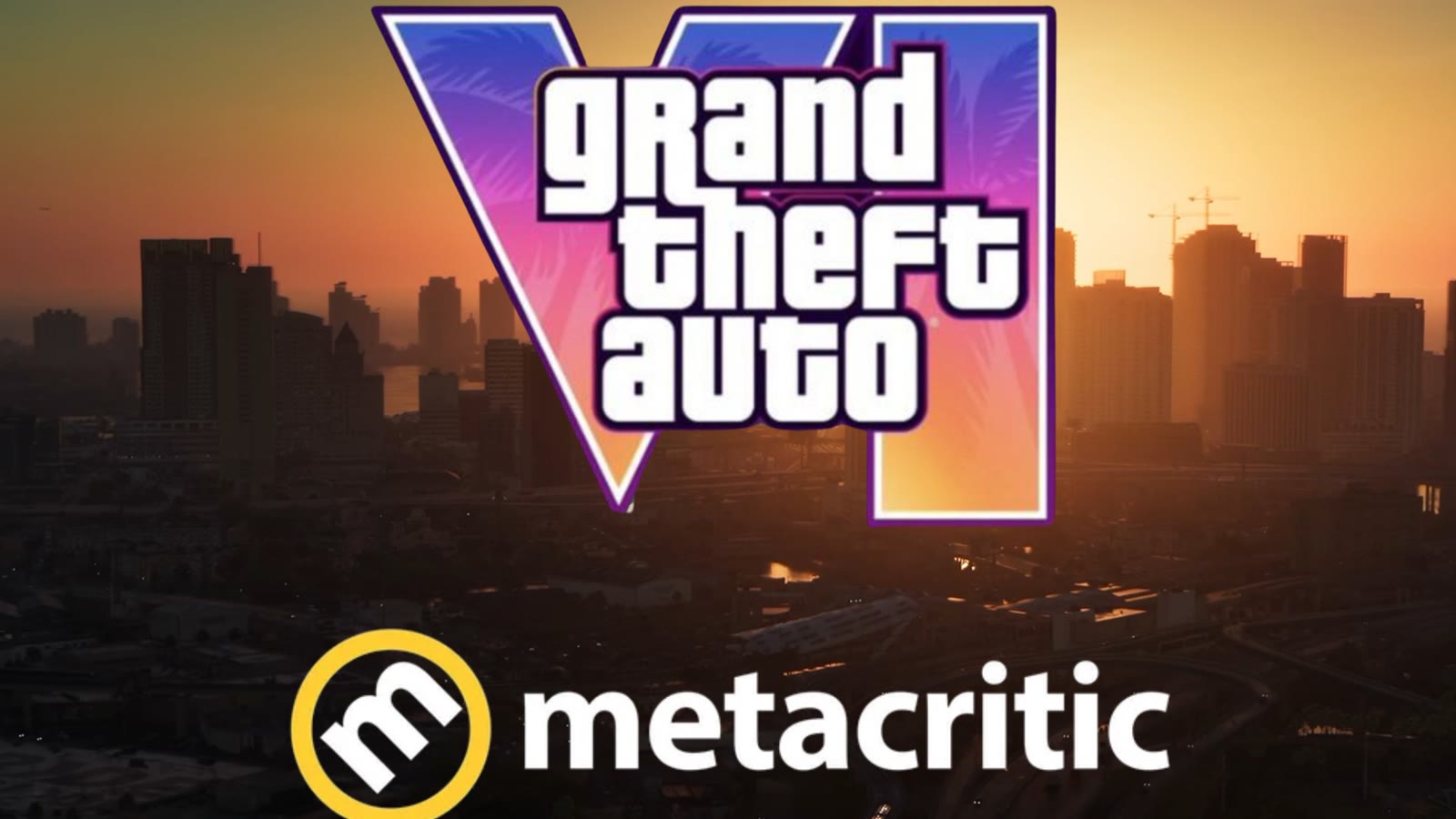 Le logo de Grand Theft Auto VI au-dessus du logo Metacritic, sur un panorama de Vice City au coucher du soleil