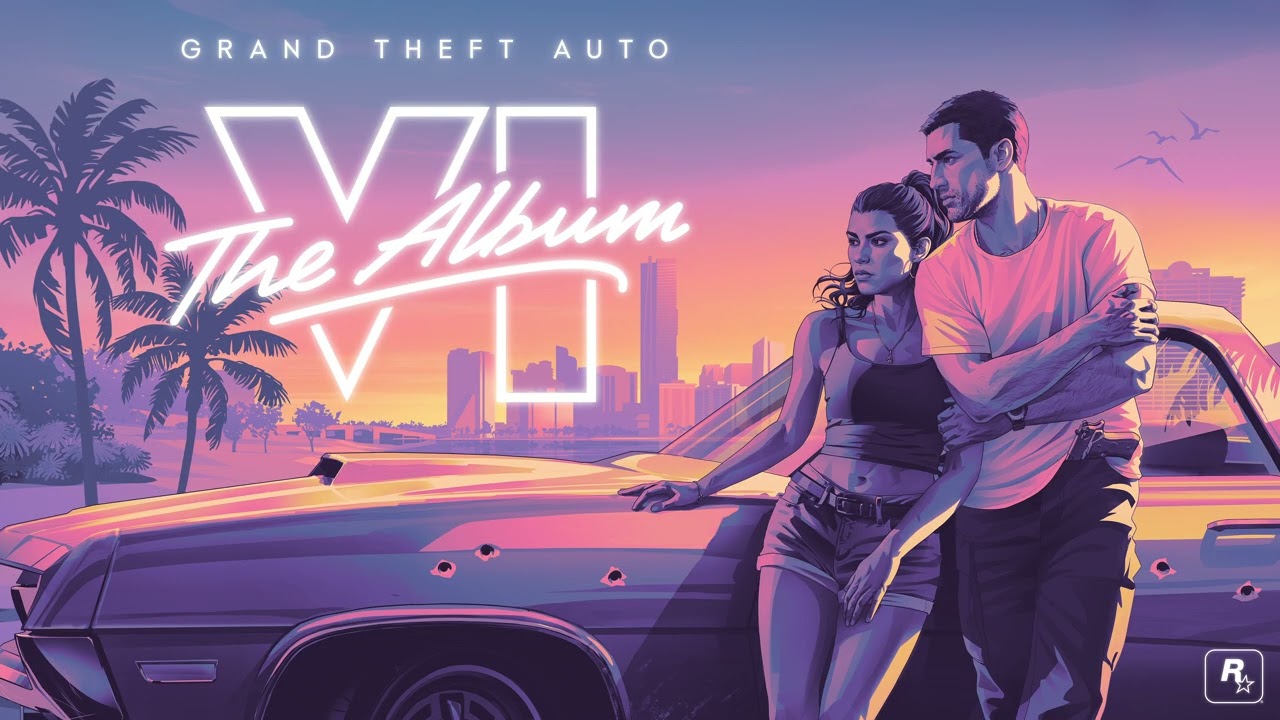 Illustration officielle de GTA VI: The Album : Lucia et Jason adossés à une voiture criblée de balles devant les tours de Vice City au coucher du soleil