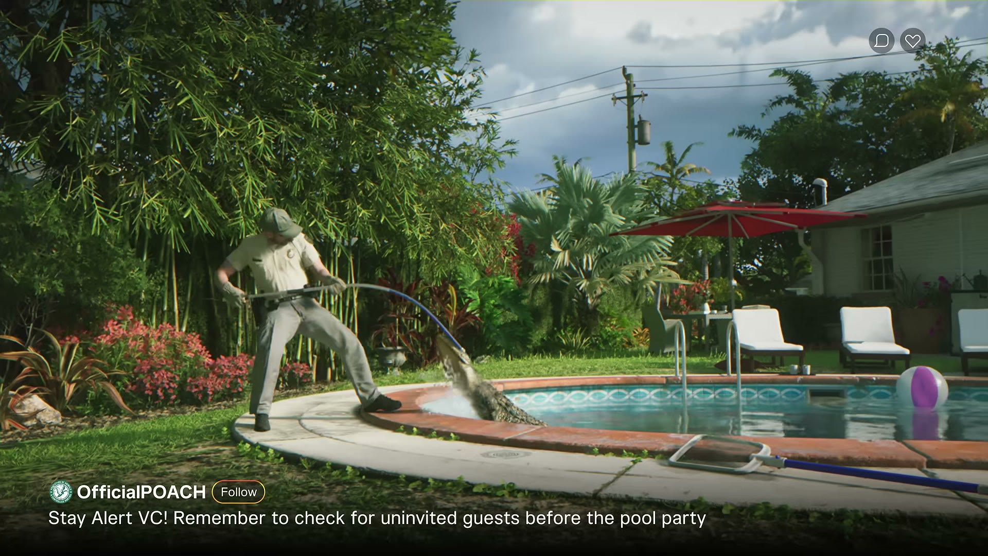 Un homme tire un alligator hors d’une piscine de jardin à l’aide d’une perche, vidéo de réseau social OfficialPOACH du Trailer 1 de GTA VI